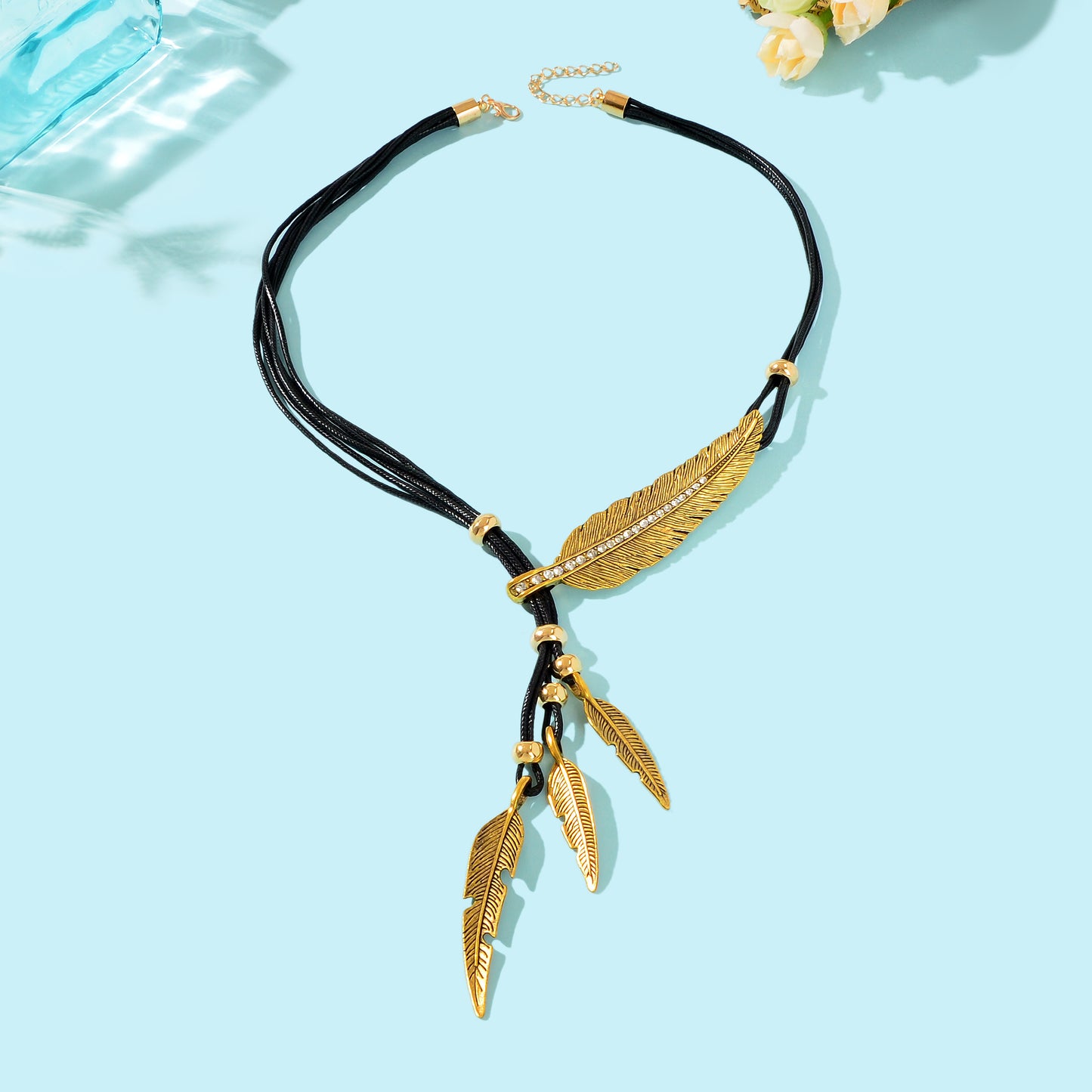1pc Western Bohemian Black PU Rope Handmade Antique Silver gold Feather Pendant Necklace Women Holiday Jewelry