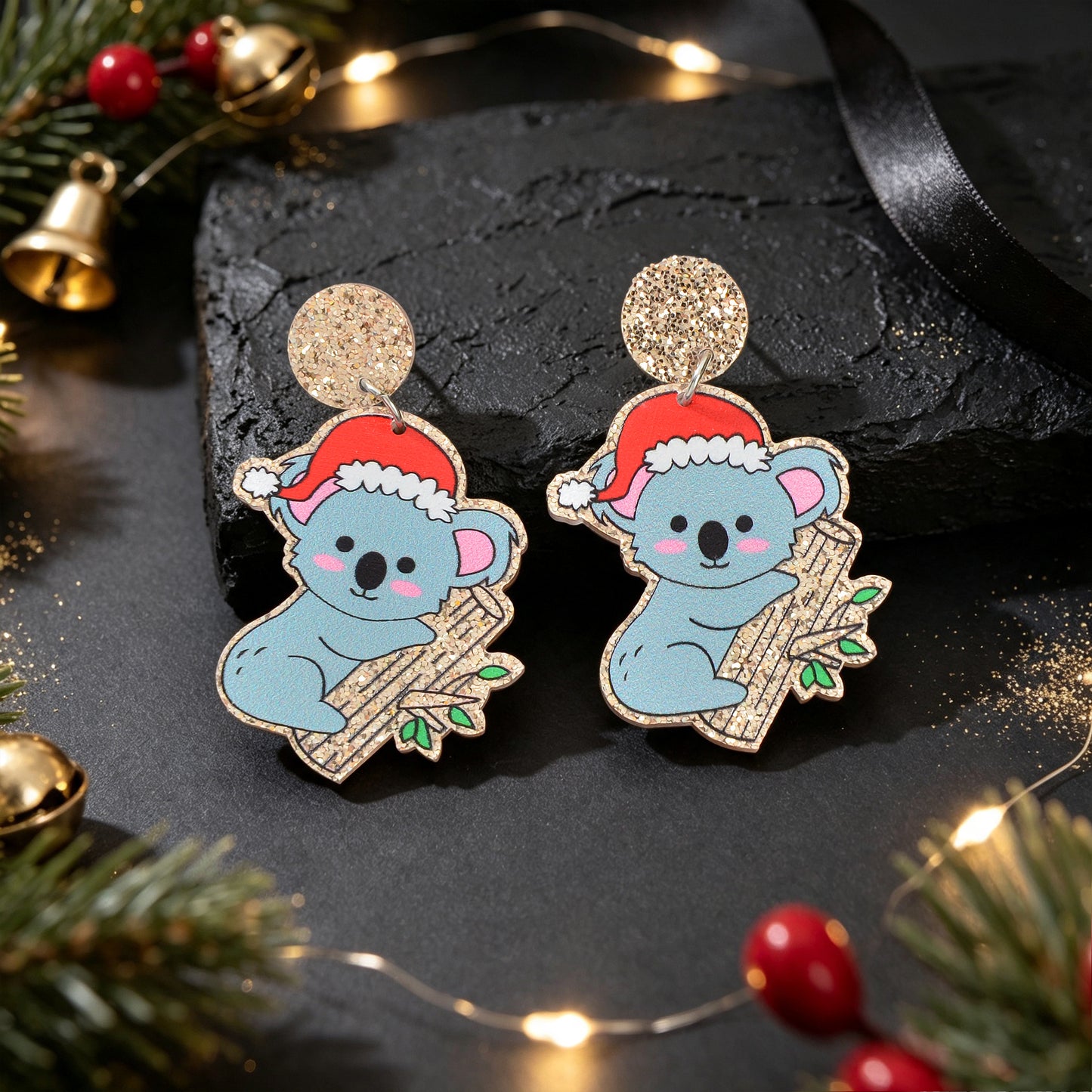 Christmas Santa Hat Koala Dangle Earring Cute Xmas Holiday Party Costume Jewelry
