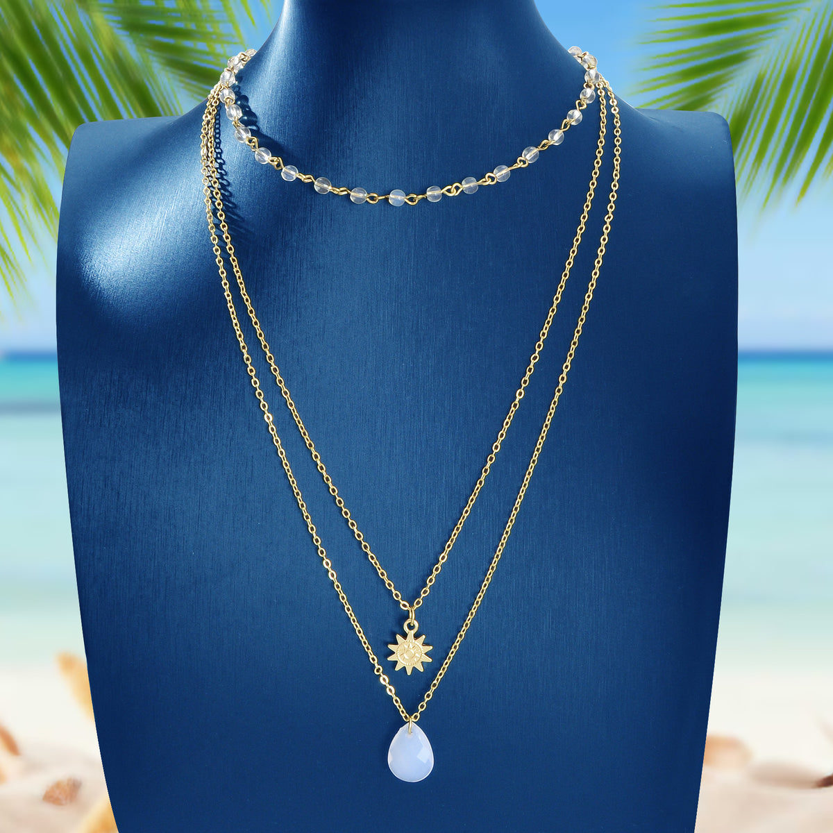 Triple Chain Star Water Drop Beads Necklace Creative Handmade Dainty Jewellery