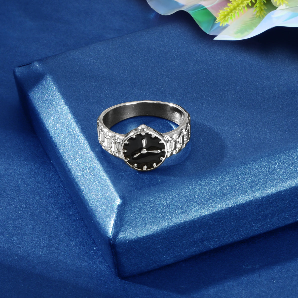 Black Enamel Watch Design Silver Fashion Women Cute Finger Ring Wholesale Price
