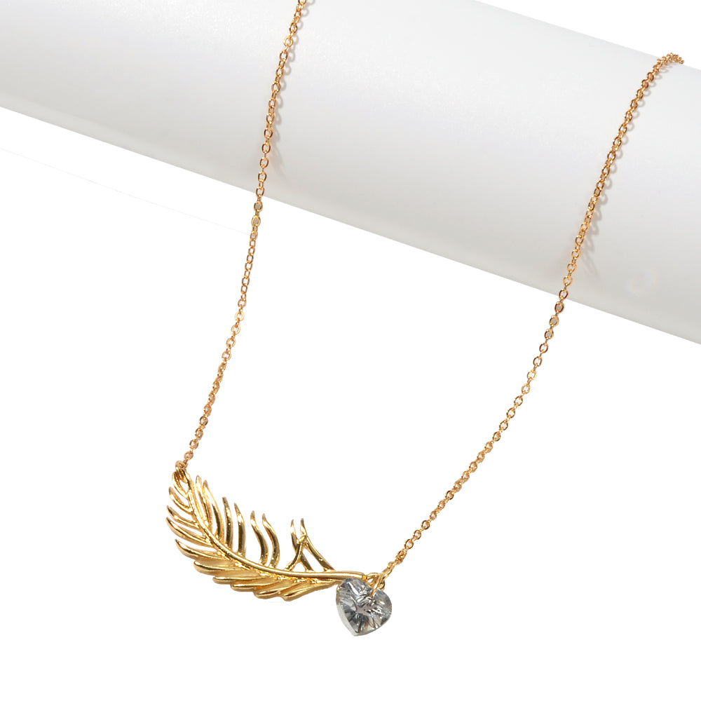 Designer Jewellery Gold Chain Heart Simulated Cubic Zirconia Feather Necklace