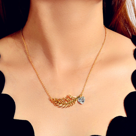 Designer Jewellery Gold Chain Heart Simulated Cubic Zirconia Feather Necklace