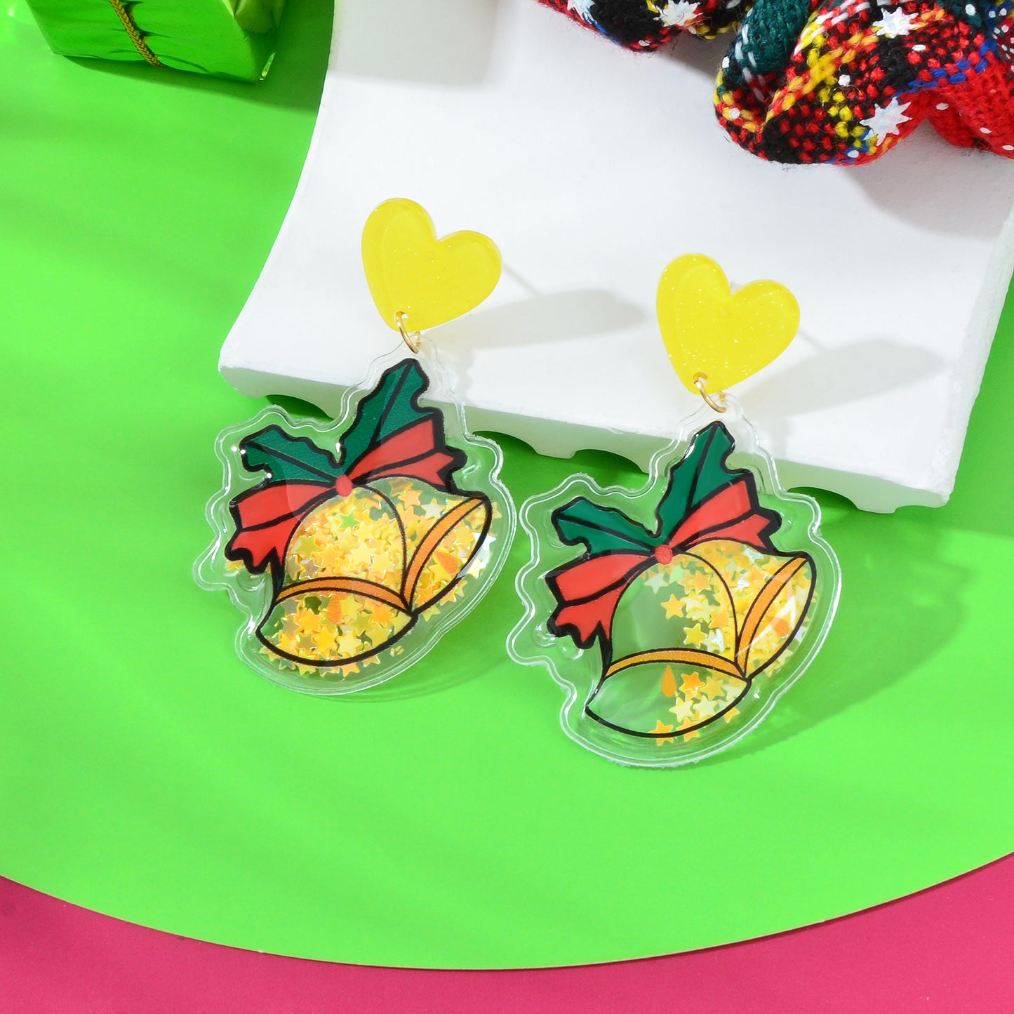 Christmas Jewelry Heart Bell Acrylic Dangle Earrings Star Sequin Decor Festival Cute Accessories Gift