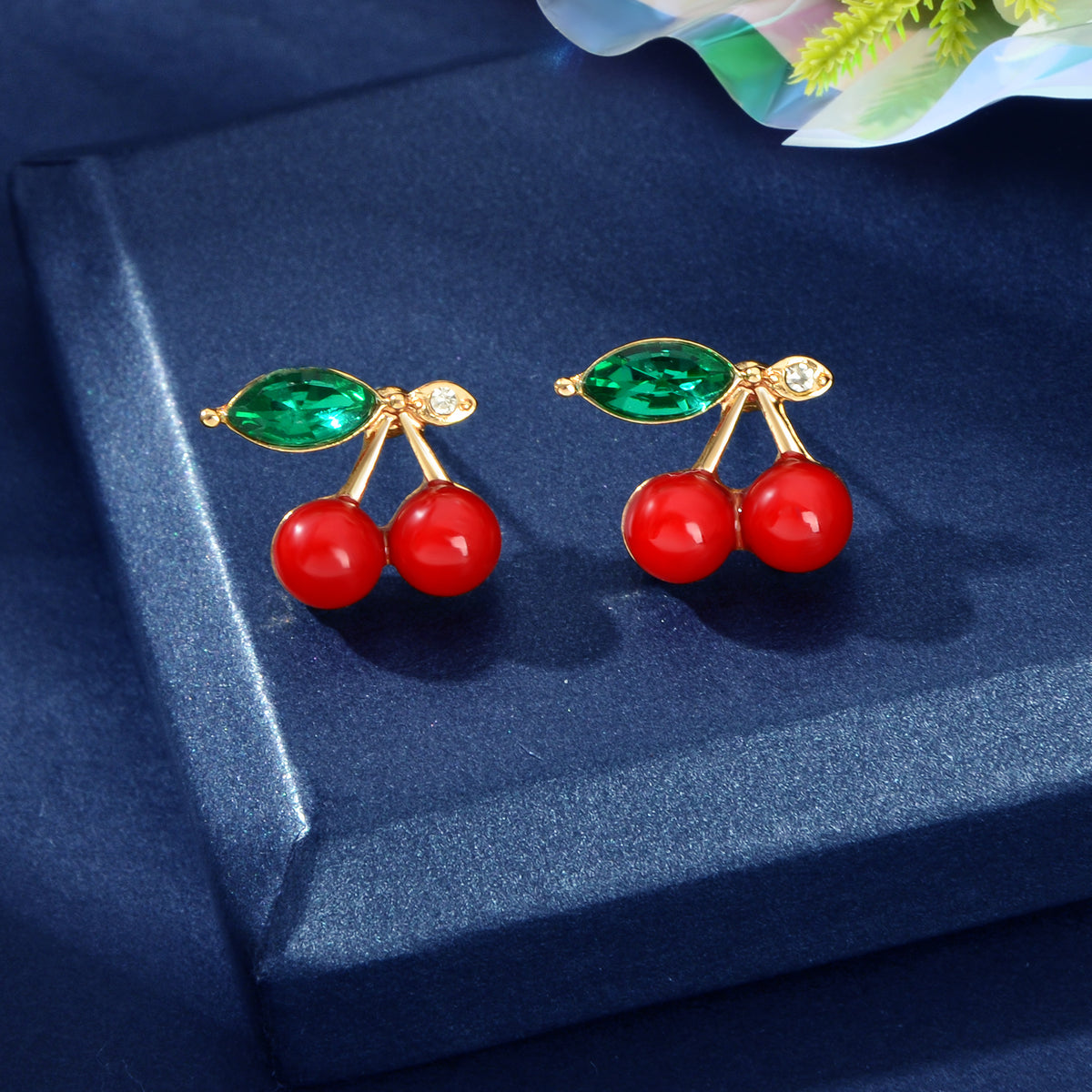 Lovely Fruit Jewellery Green Crystal Leaf Red Beads Stud Elegant Cherry Earrings