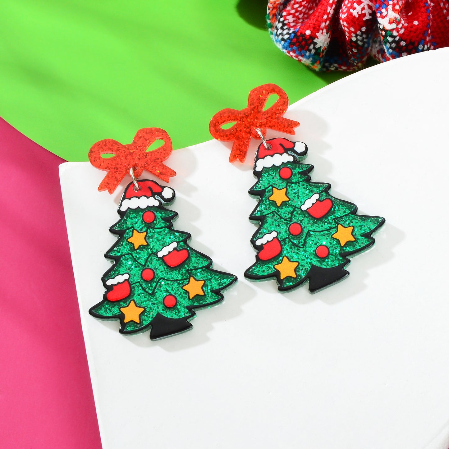 Shining Sequin Decor Acrylic Bow Christmas Tree Dangle Earrings Festival Jewelry