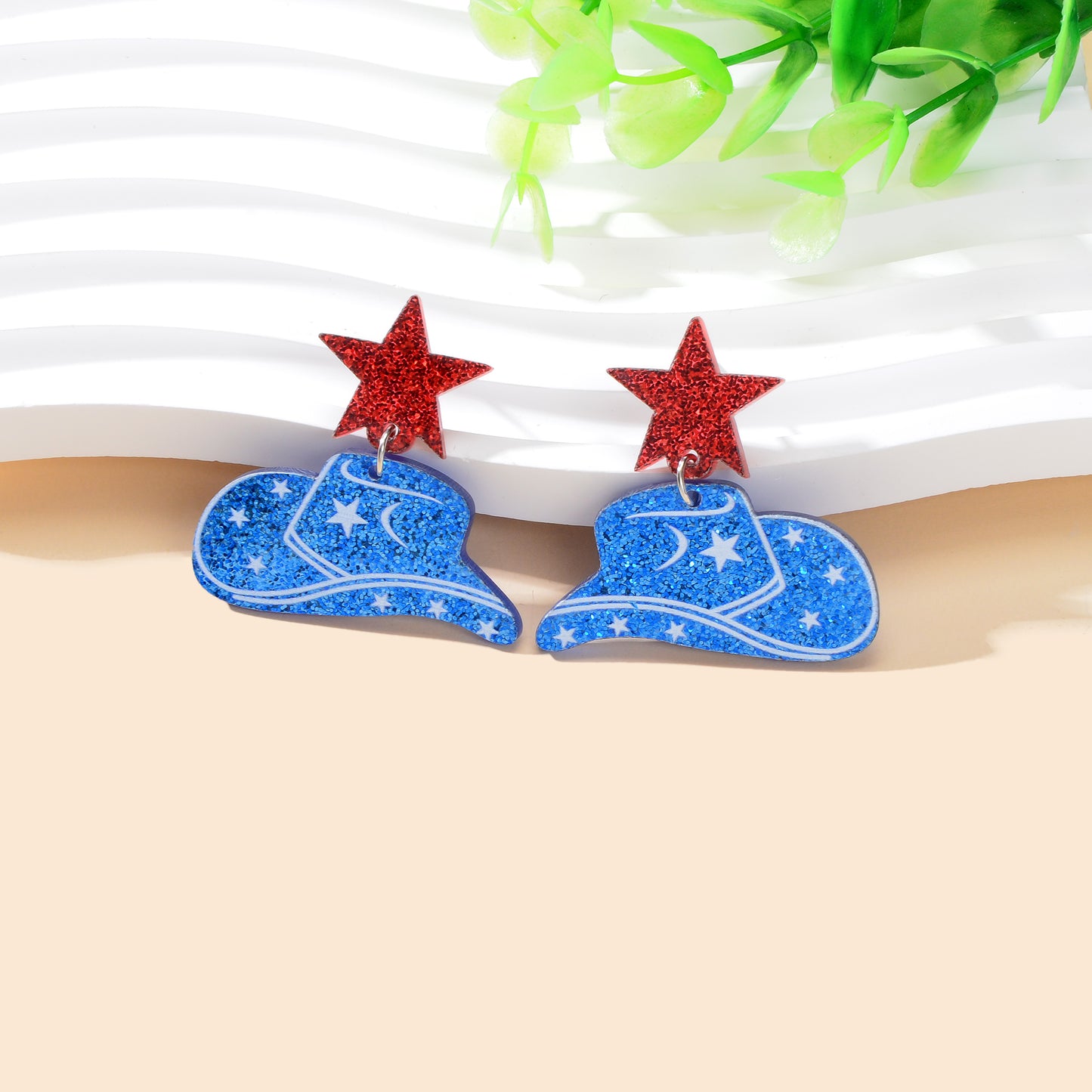 Designer Stylish Sequins Red Star Blue Cowboy Hat Acrylic Earrings Party Jewellery