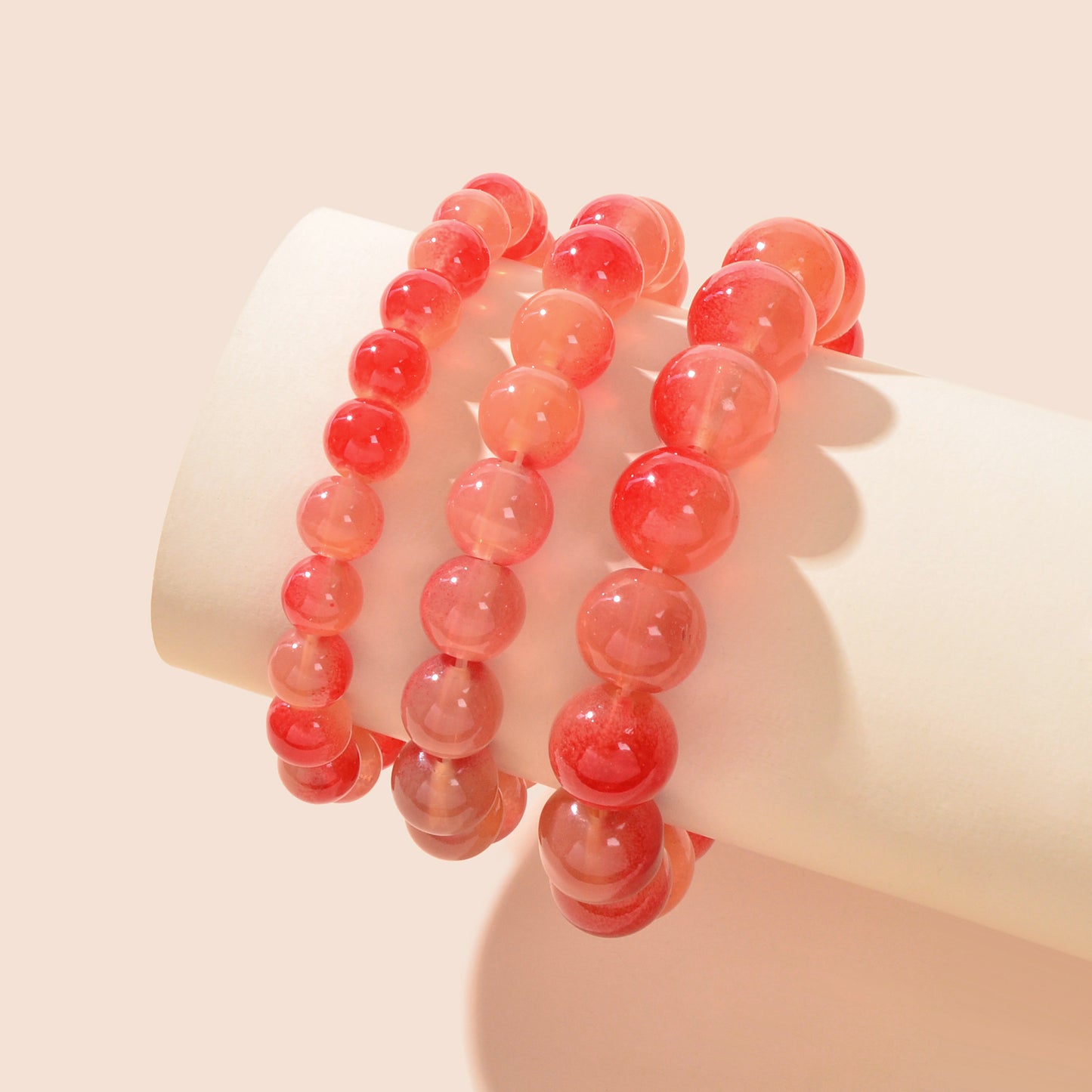 3 pcs Trendy Red Glass Beads Layered Elastic Bracelet Bangle set Jewellery