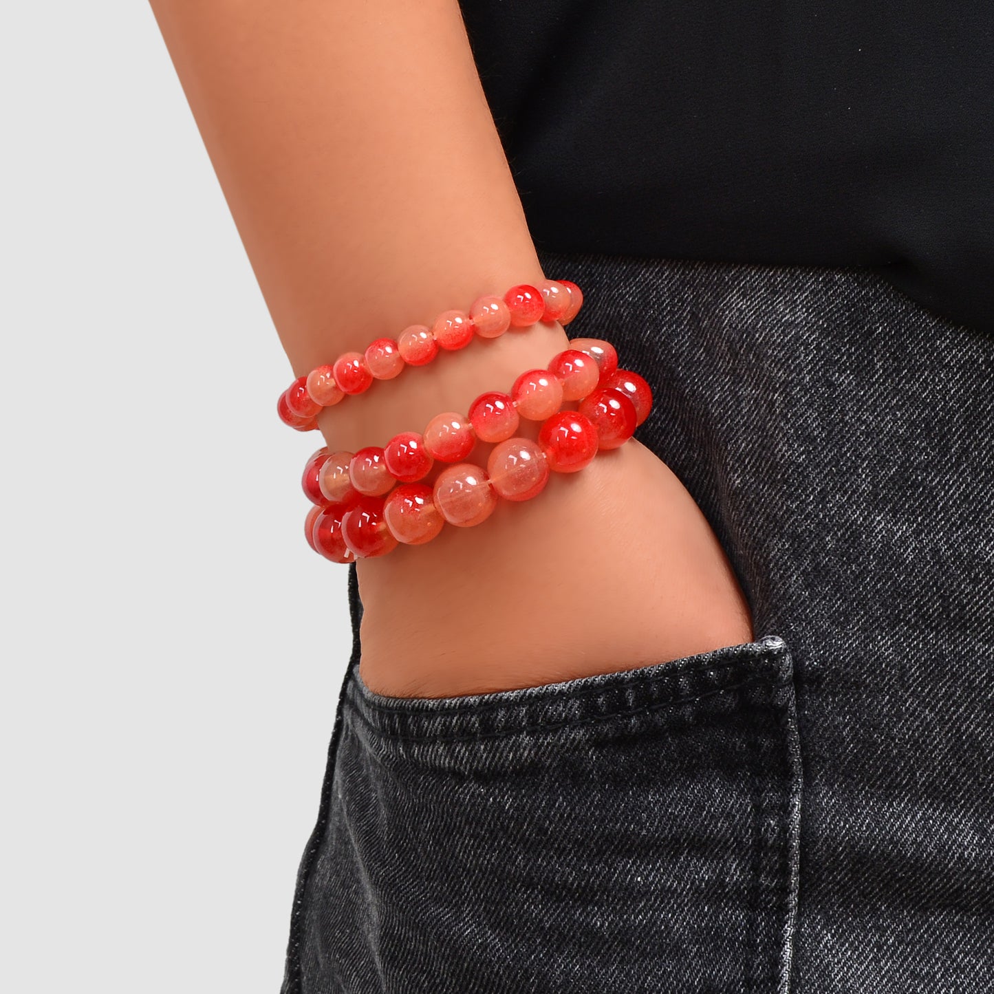 3 pcs Trendy Red Glass Beads Layered Elastic Bracelet Bangle set Jewellery