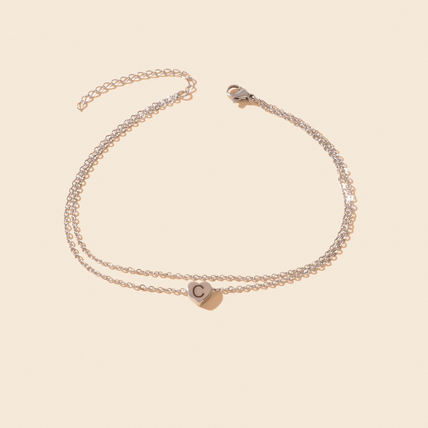 Boho Letter C Heart Charm Double Layer Silvery Anklet Minimalist Summer Beach Vacation Foot Jewelry