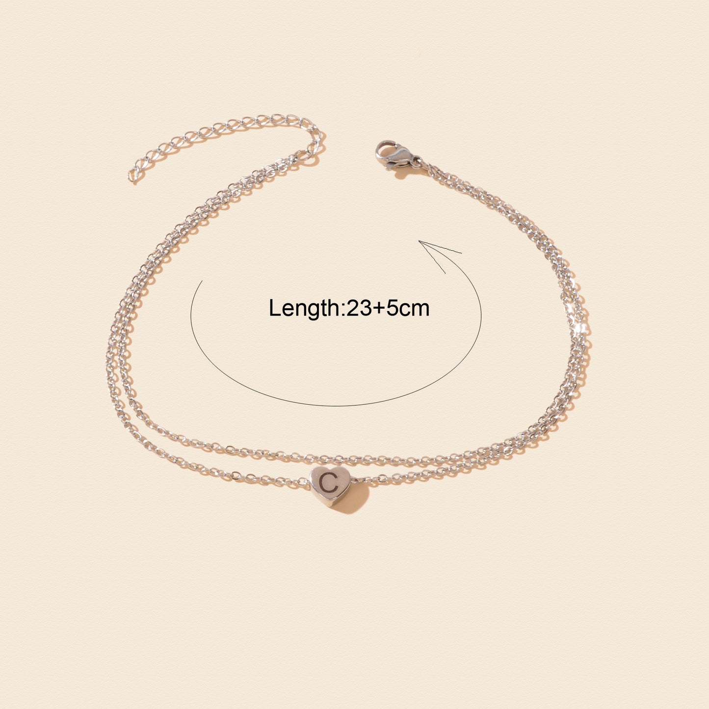 Boho Letter C Heart Charm Double Layer Silvery Anklet Minimalist Summer Beach Vacation Foot Jewelry