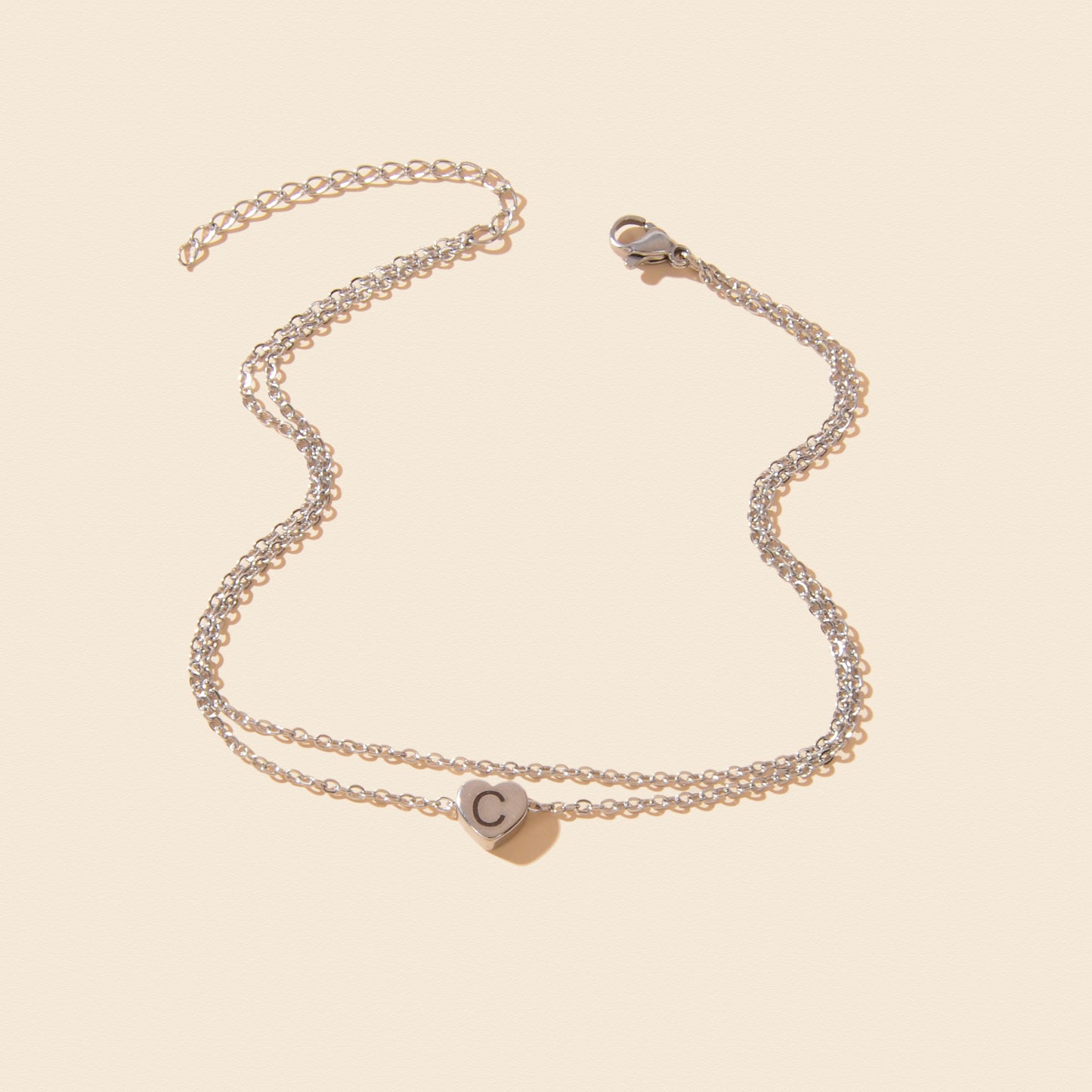 Boho Letter C Heart Charm Double Layer Silvery Anklet Minimalist Summer Beach Vacation Foot Jewelry