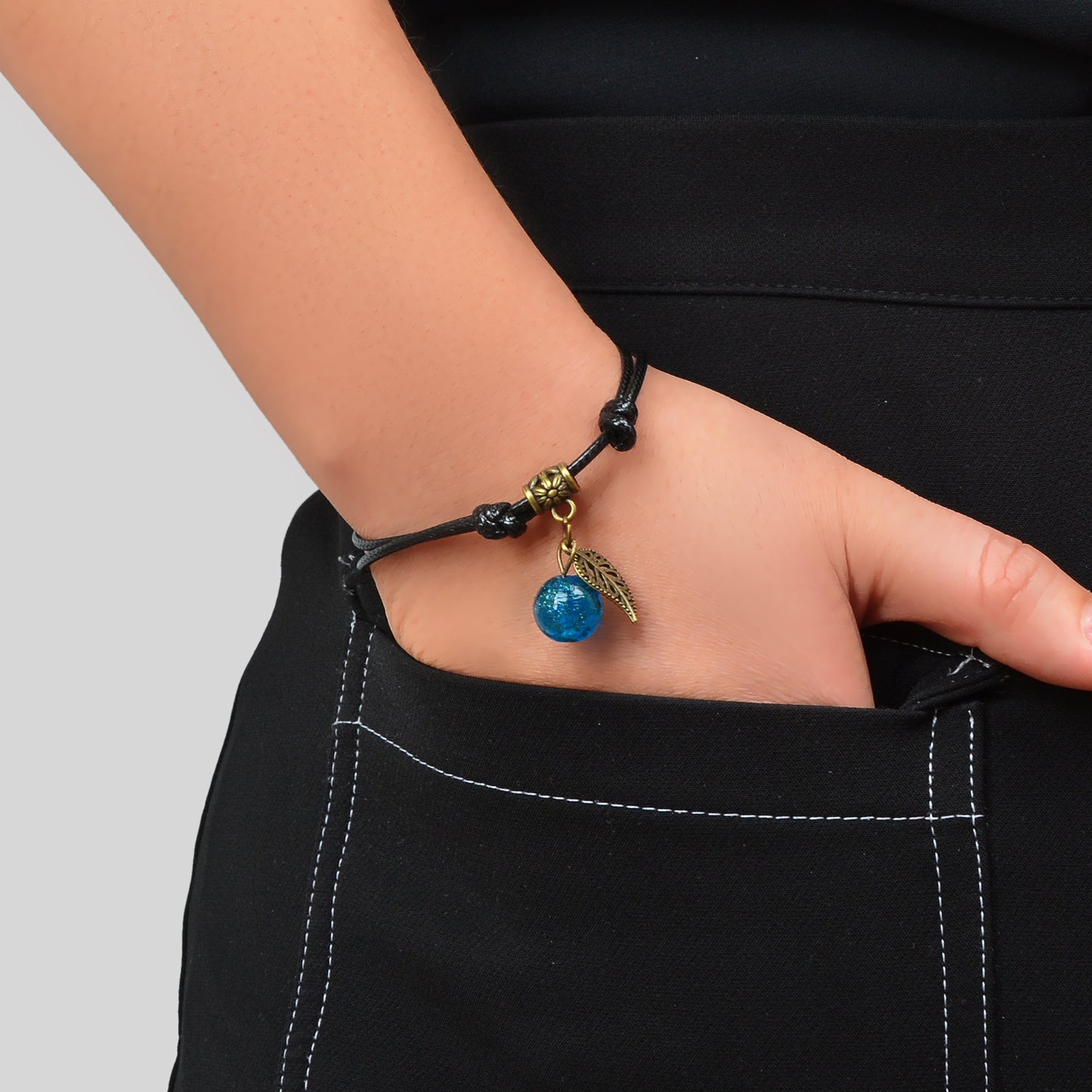 Vintage Adjustable Black Rope Hollow Leaf Blue Bead Charm Bracelet Daily Vacation Jewelry