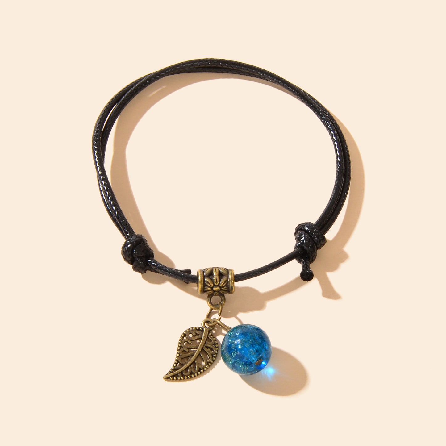 Vintage Adjustable Black Rope Hollow Leaf Blue Bead Charm Bracelet Daily Vacation Jewelry