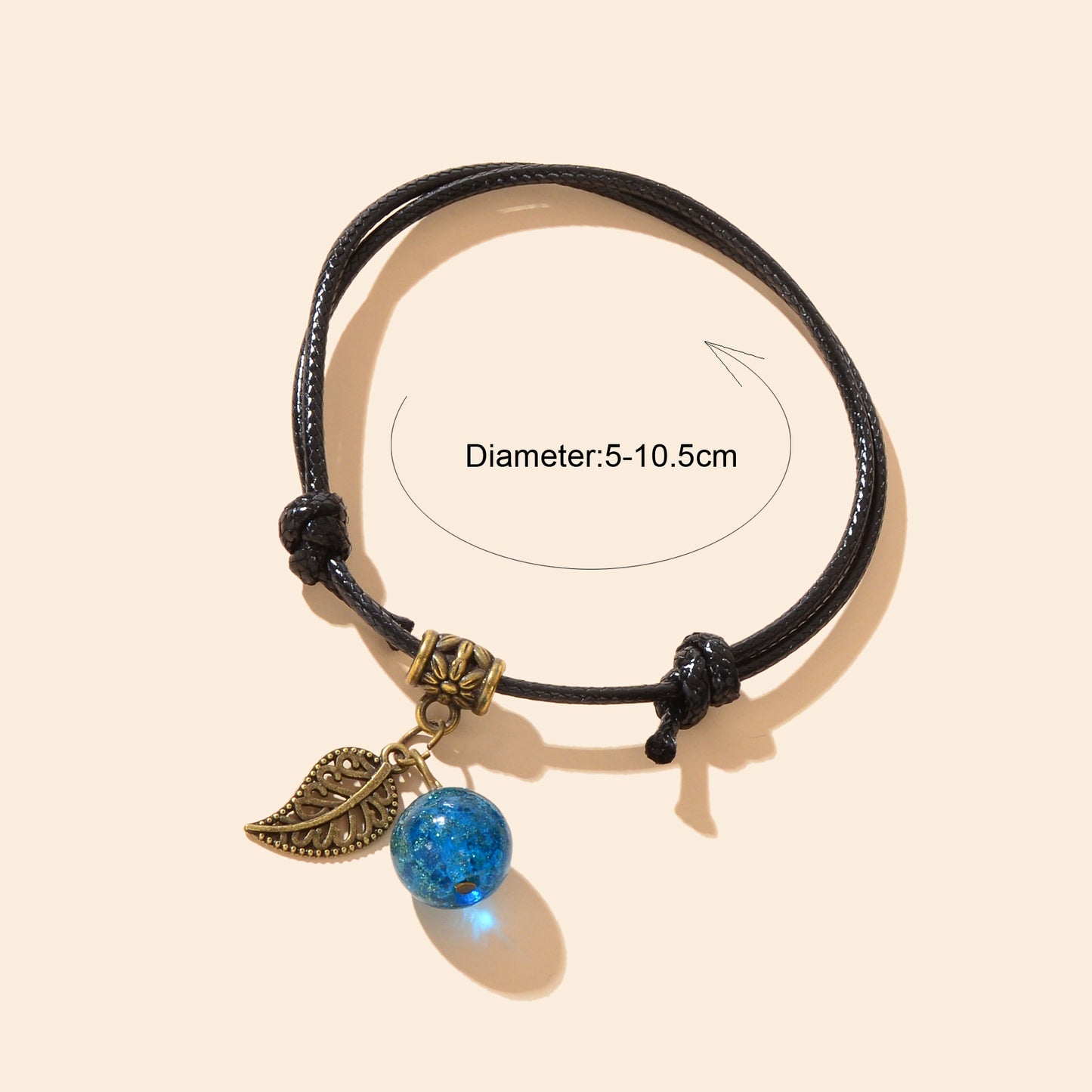 Vintage Adjustable Black Rope Hollow Leaf Blue Bead Charm Bracelet Daily Vacation Jewelry
