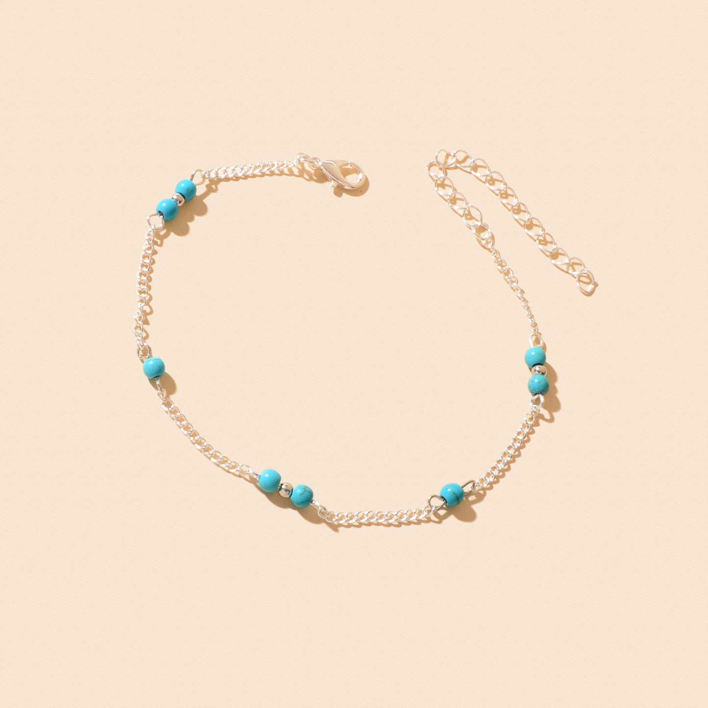 Vacation Accessories Blue Beads Decor Silver Chain Anklet Women Foot Jewelry
