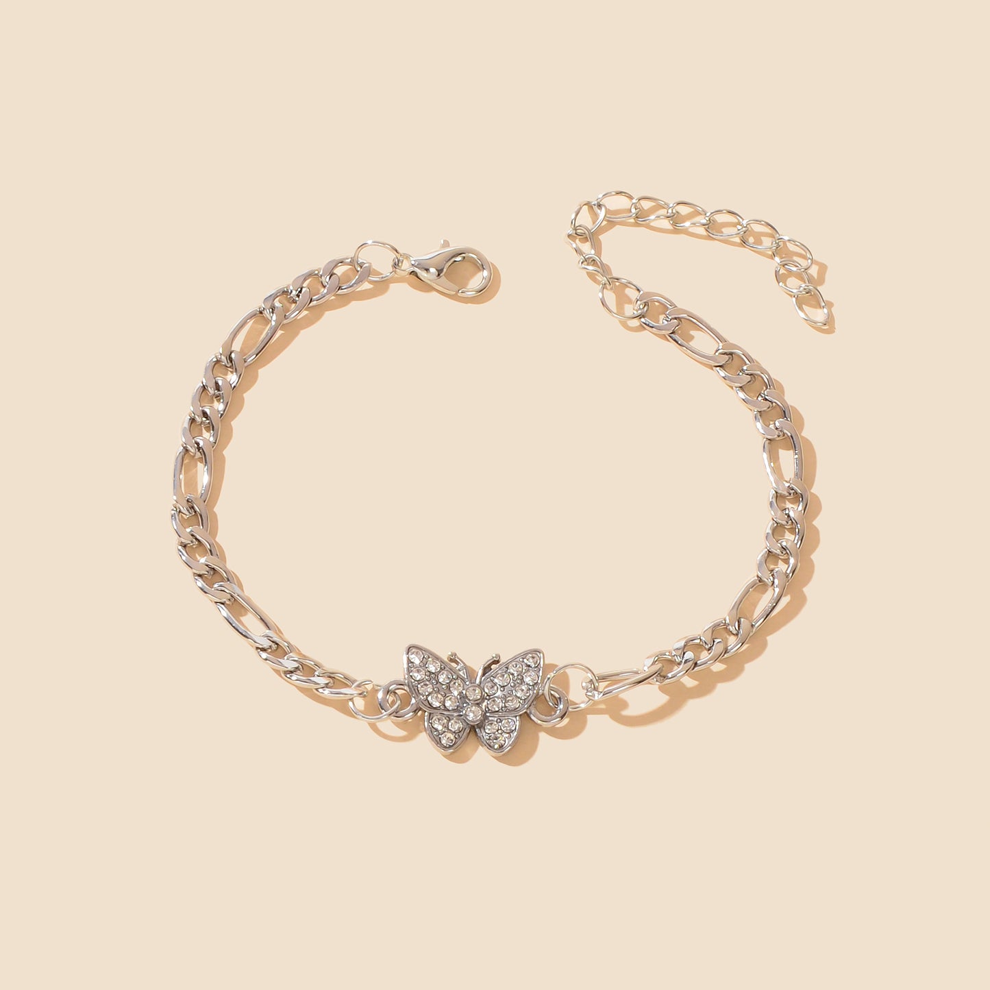 Rhinestone Decor Silvery Thick Metal Link Chain Butterfly Bracelet for Girls