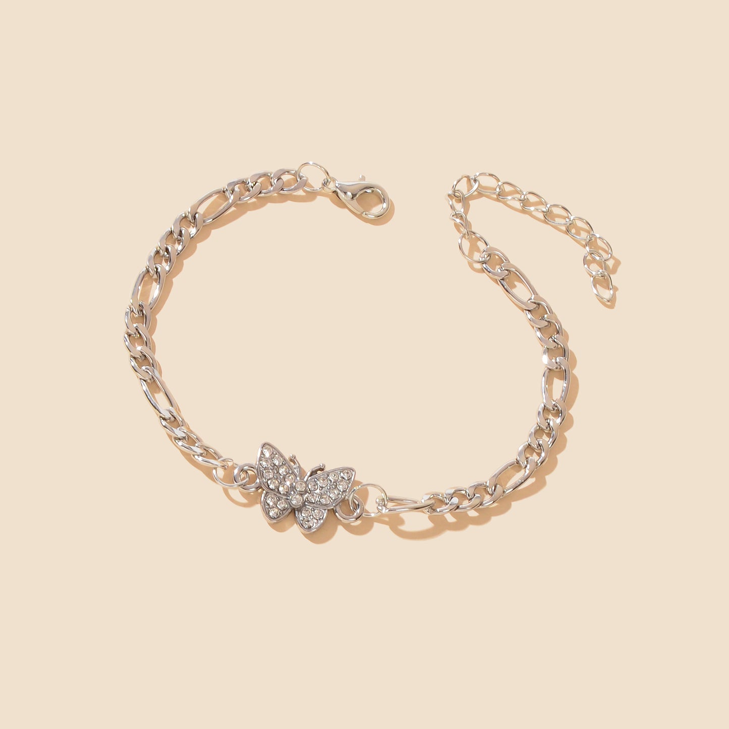 Rhinestone Decor Silvery Thick Metal Link Chain Butterfly Bracelet for Girls