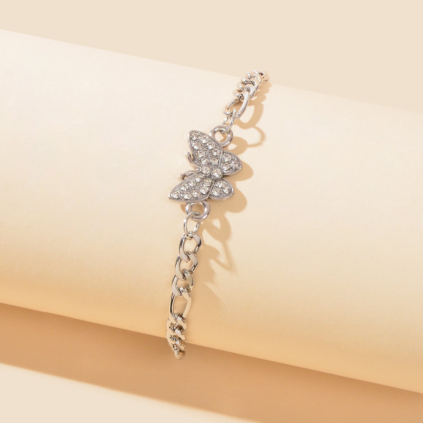 Rhinestone Decor Silvery Thick Metal Link Chain Butterfly Bracelet for Girls