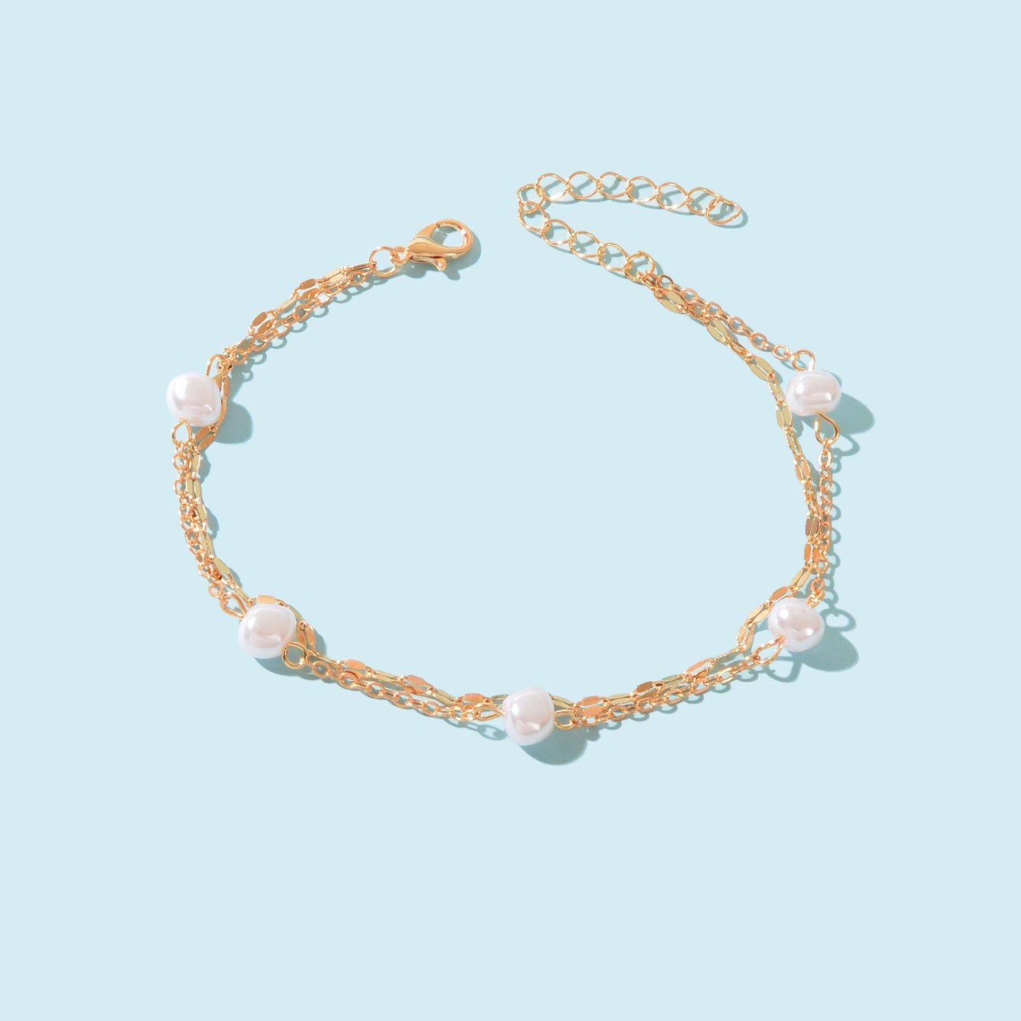 Boho Chic Imitation Pearl Decor Golden Double layer Chain Anklet Adjustable Foot Jewelry