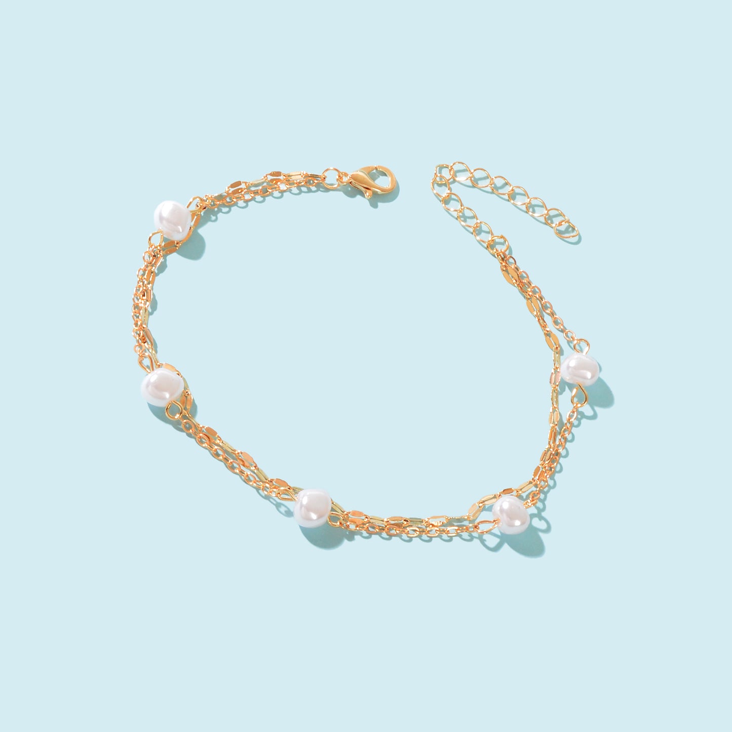 Boho Chic Imitation Pearl Decor Golden Double layer Chain Anklet Adjustable Foot Jewelry