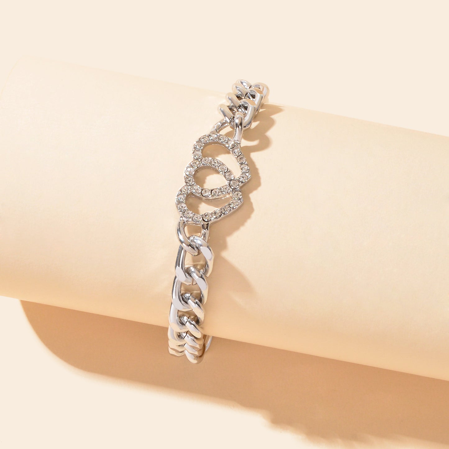 Fashion Jewelry Silvery Thick Chain Rhinestone Heart Decor Bracelet for Women