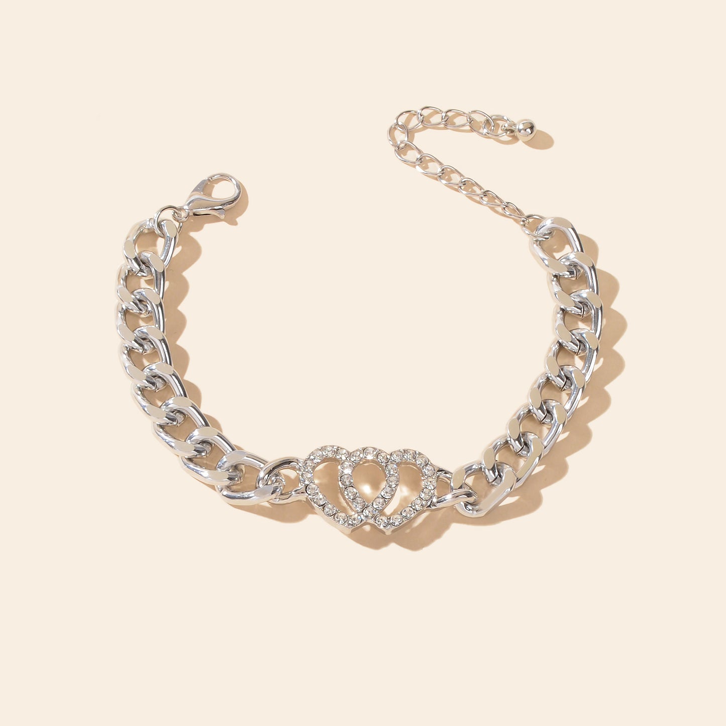 Fashion Jewelry Silvery Thick Chain Rhinestone Heart Decor Bracelet for Women