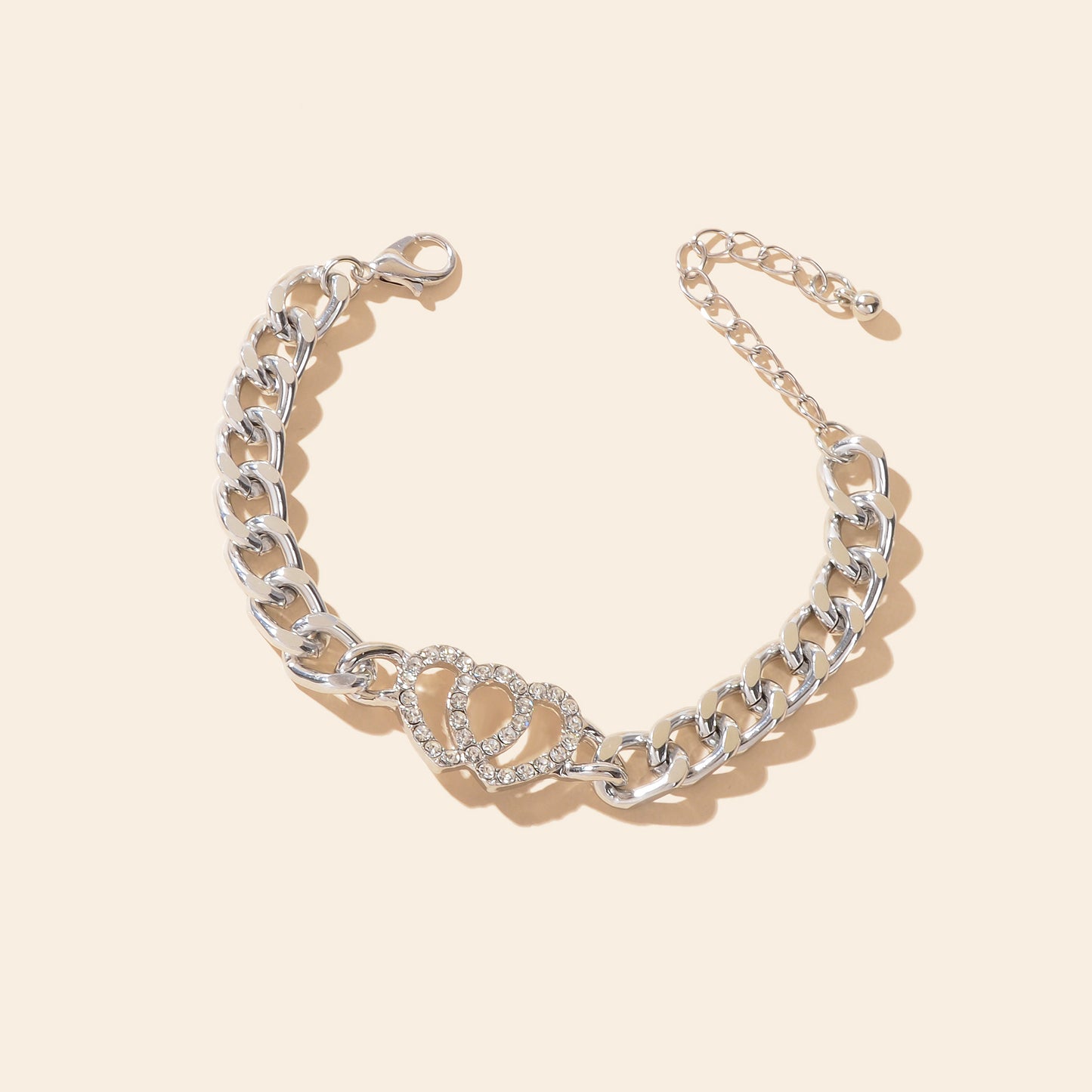 Fashion Jewelry Silvery Thick Chain Rhinestone Heart Decor Bracelet for Women