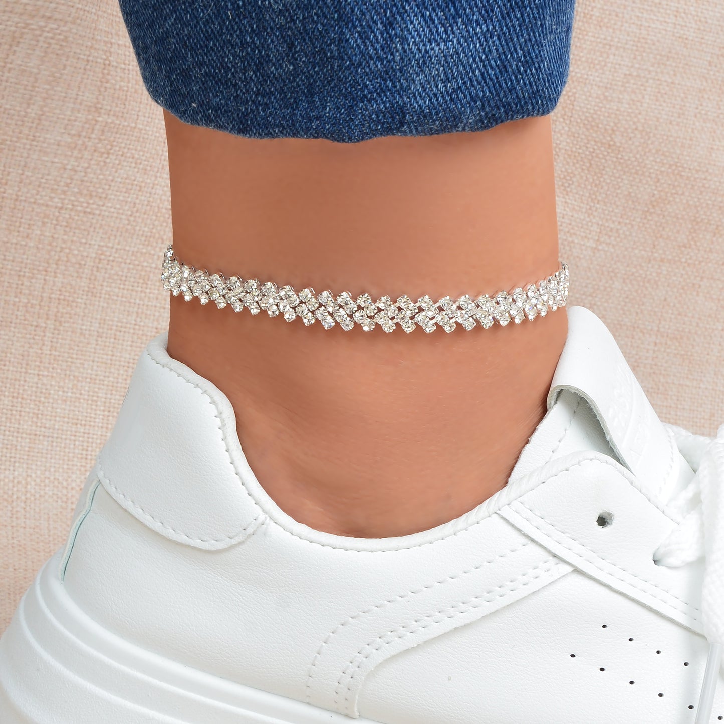 Exquisite Full Rhinestone Decor Silver Chain Anklet Women Party Wedding Jewelry