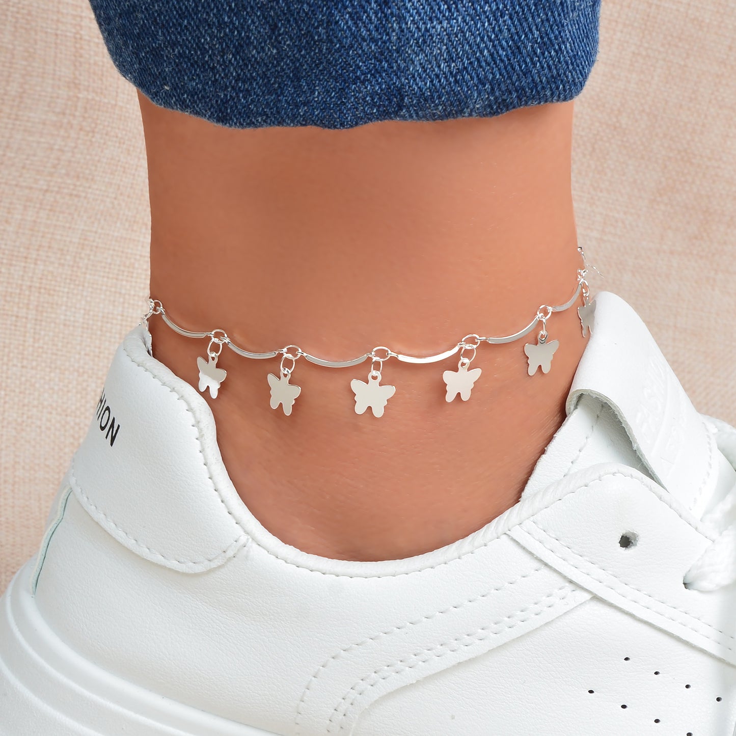 Vacation Foot Jewelry Butterfly Pendant Silver Metal Chain Adjustable Anklet