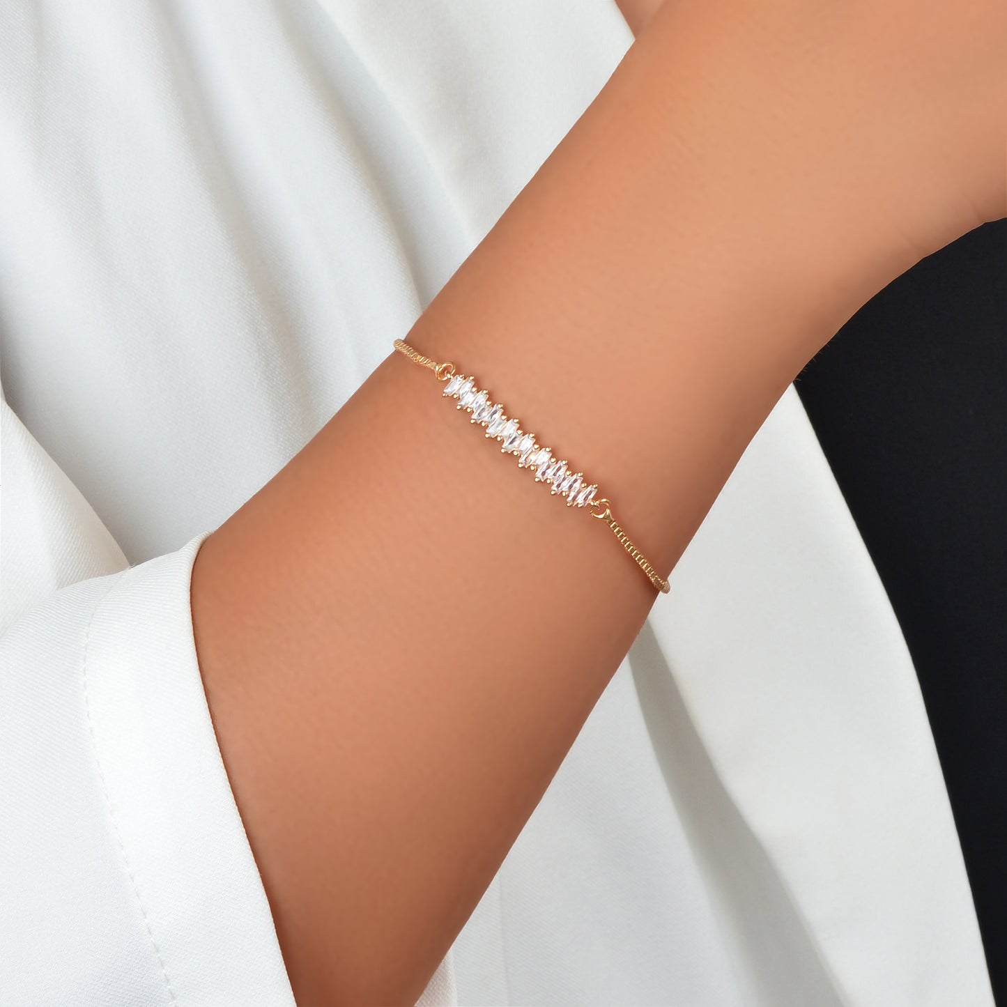 Elegant Rhinestone Decor Golden Chain Adjustable Bracelet Wedding Bridal Party Jewelry