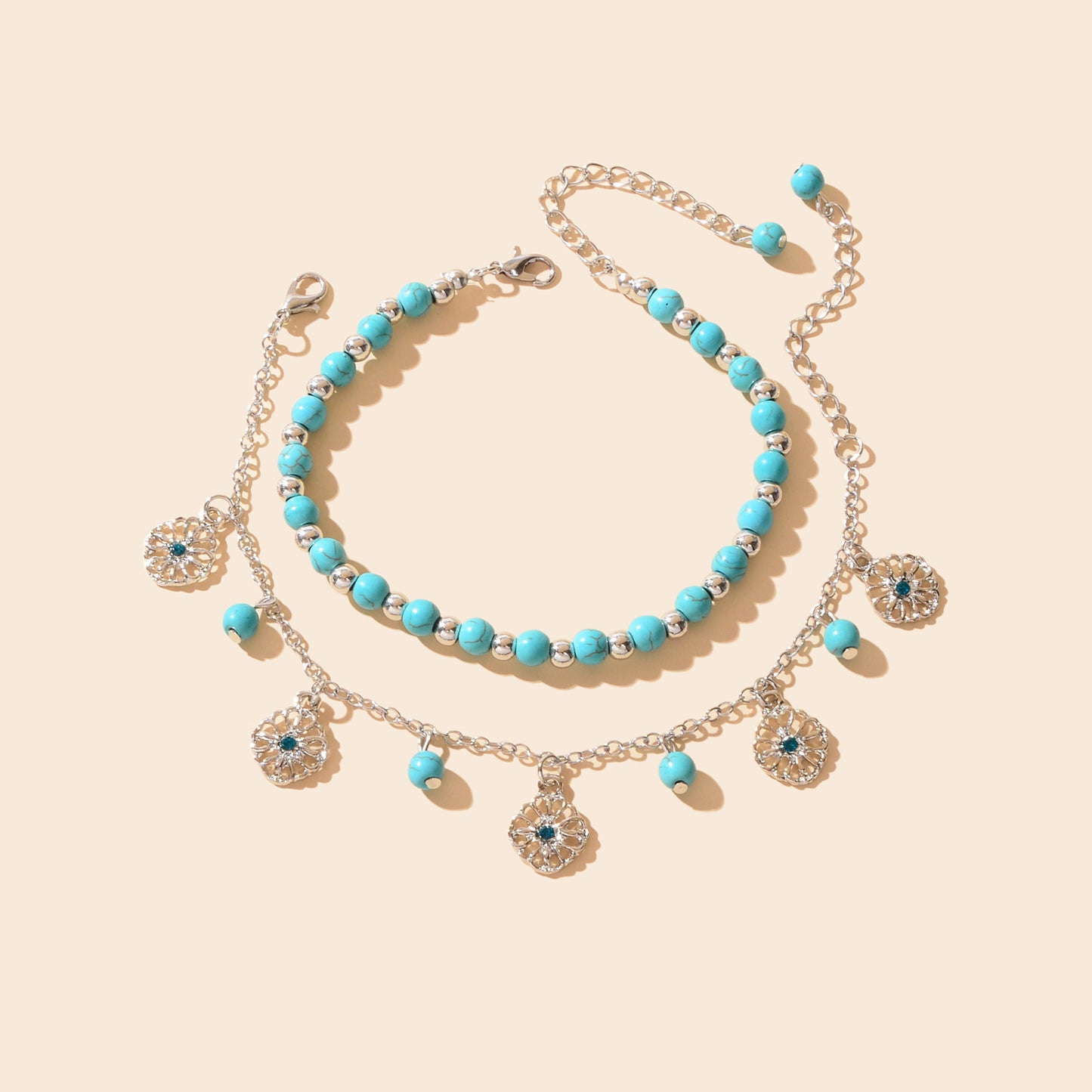 Turquoise Beads Double-Layered Anklet Round Pendant Boho Chic Foot Jewellery