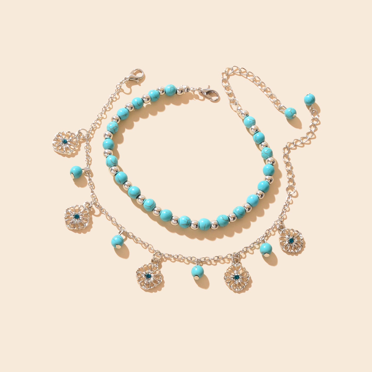 Turquoise Beads Double-Layered Anklet Round Pendant Boho Chic Foot Jewellery