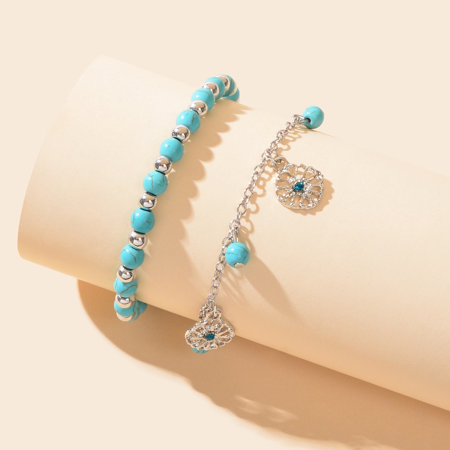 Turquoise Beads Double-Layered Anklet Round Pendant Boho Chic Foot Jewellery