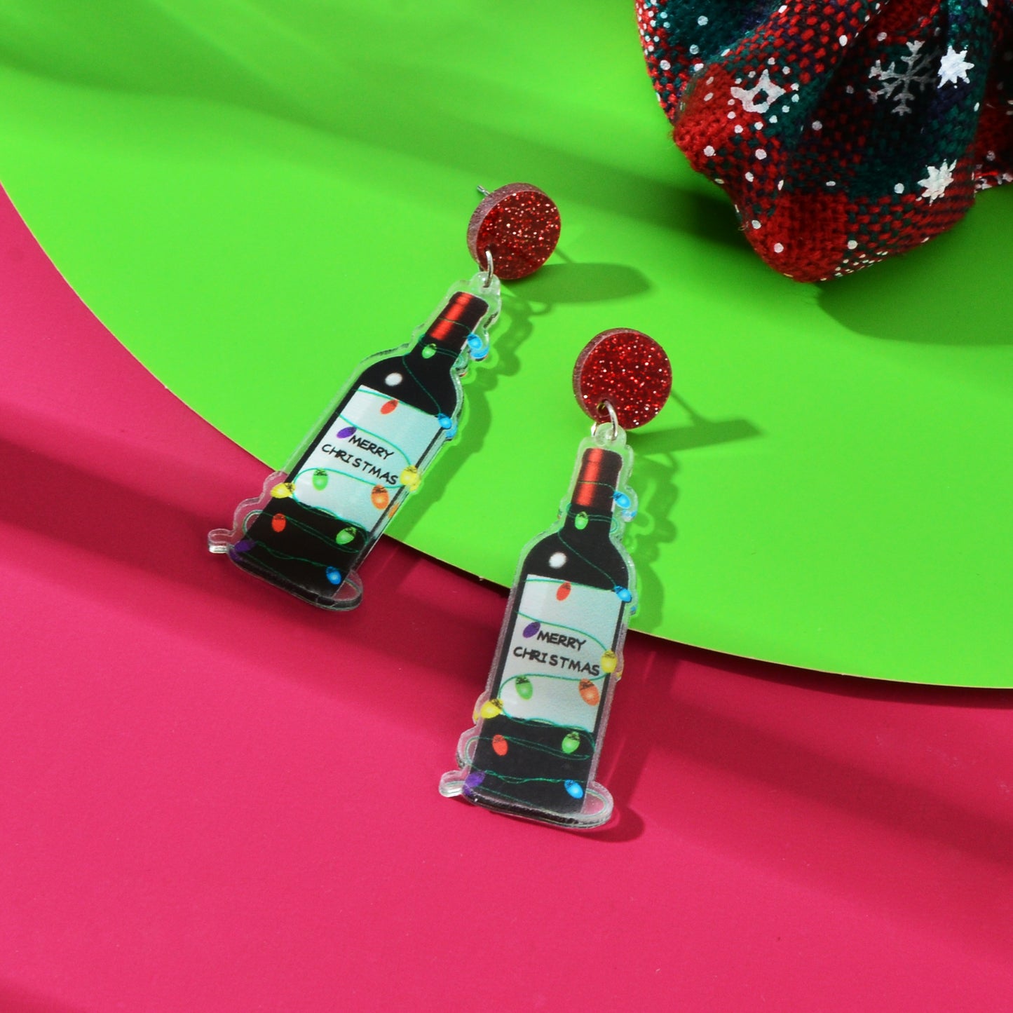 Merry Christmas Festival Jewelry Acrylic Light String Twine Wine Bottle Earrings