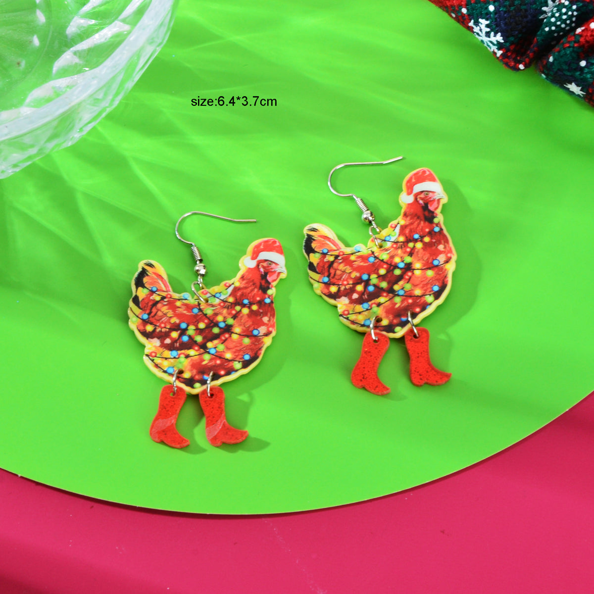 1pair Christmas Coloured Lights Decor Red Big Cock Acrylic Dangle Earrings Women Festival Jewelry