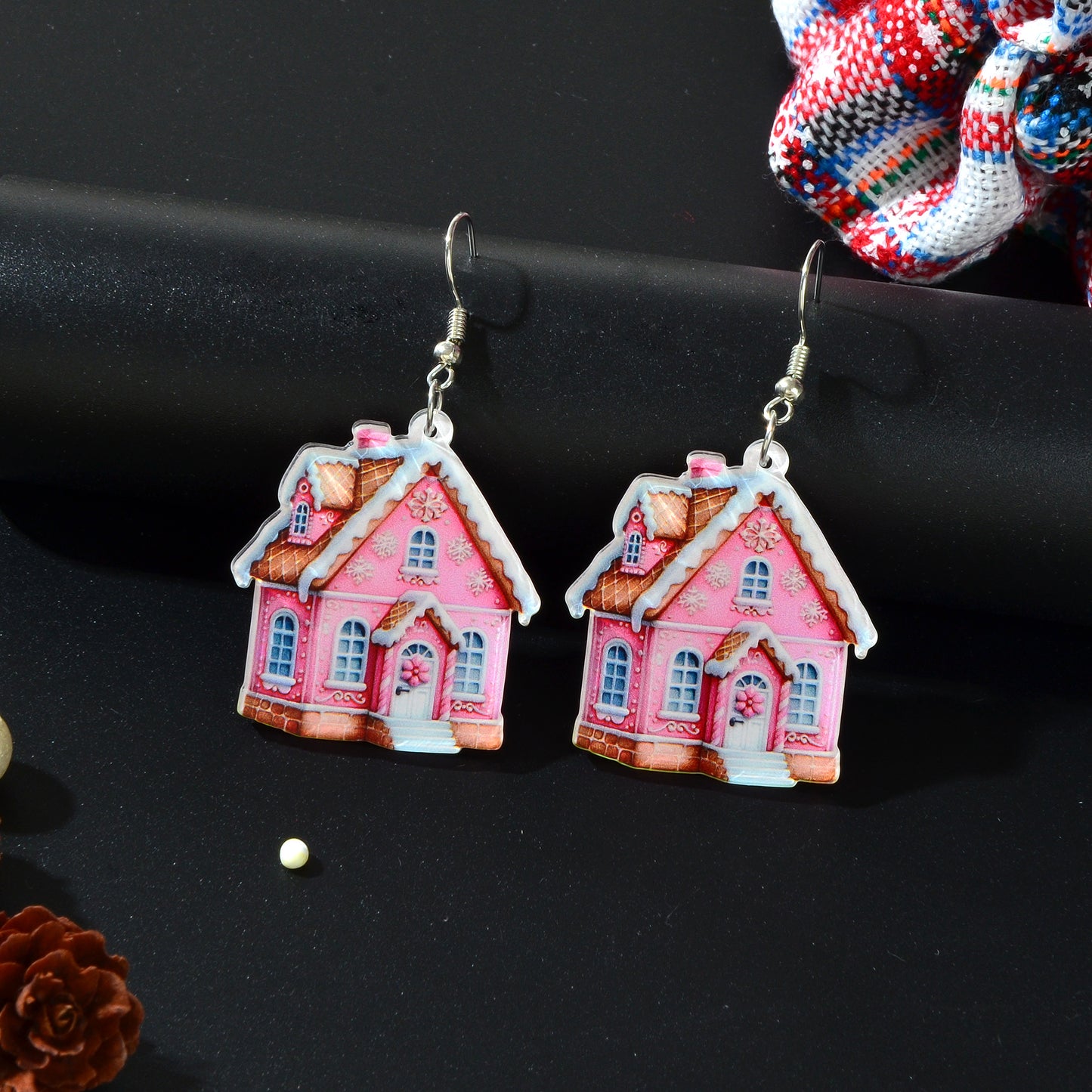 New Arrival Christmas Sweet Acrylic Pink House Dangle Earrings New Year Party Festival Gift Jewelry