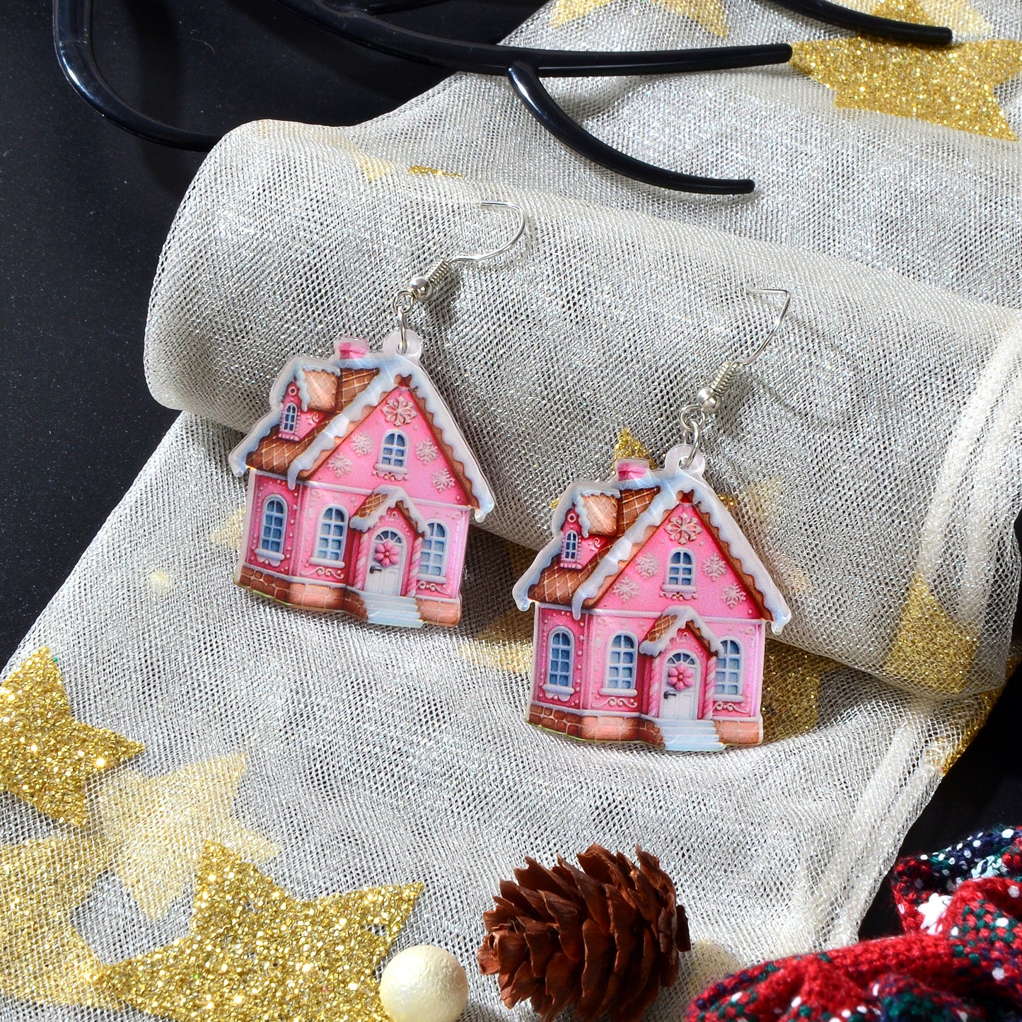 New Arrival Christmas Sweet Acrylic Pink House Dangle Earrings New Year Party Festival Gift Jewelry