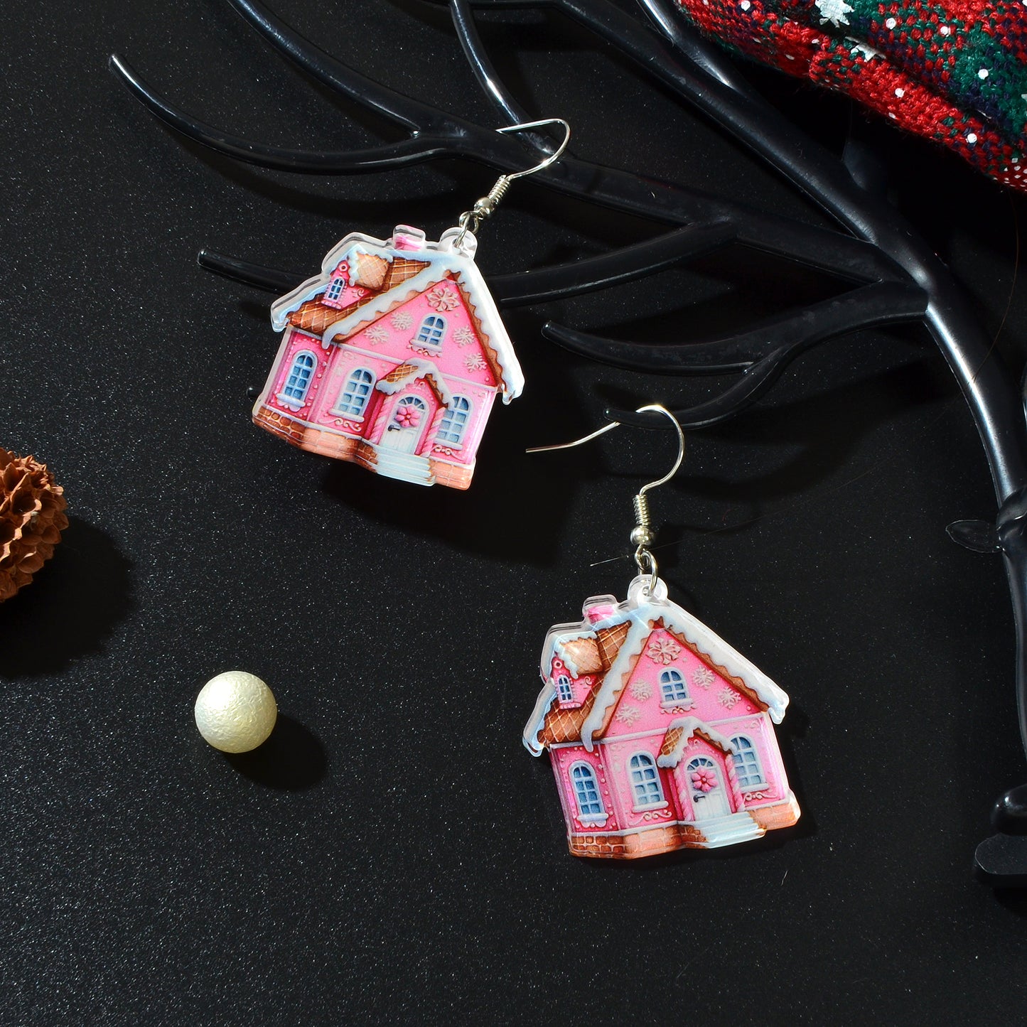 New Arrival Christmas Sweet Acrylic Pink House Dangle Earrings New Year Party Festival Gift Jewelry