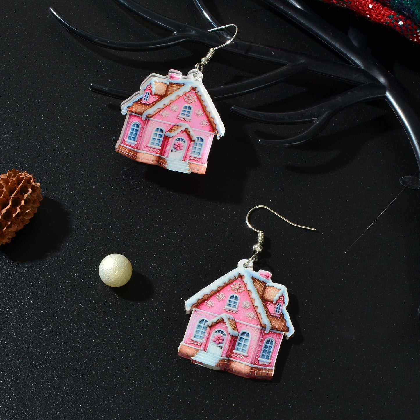 New Arrival Christmas Sweet Acrylic Pink House Dangle Earrings New Year Party Festival Gift Jewelry