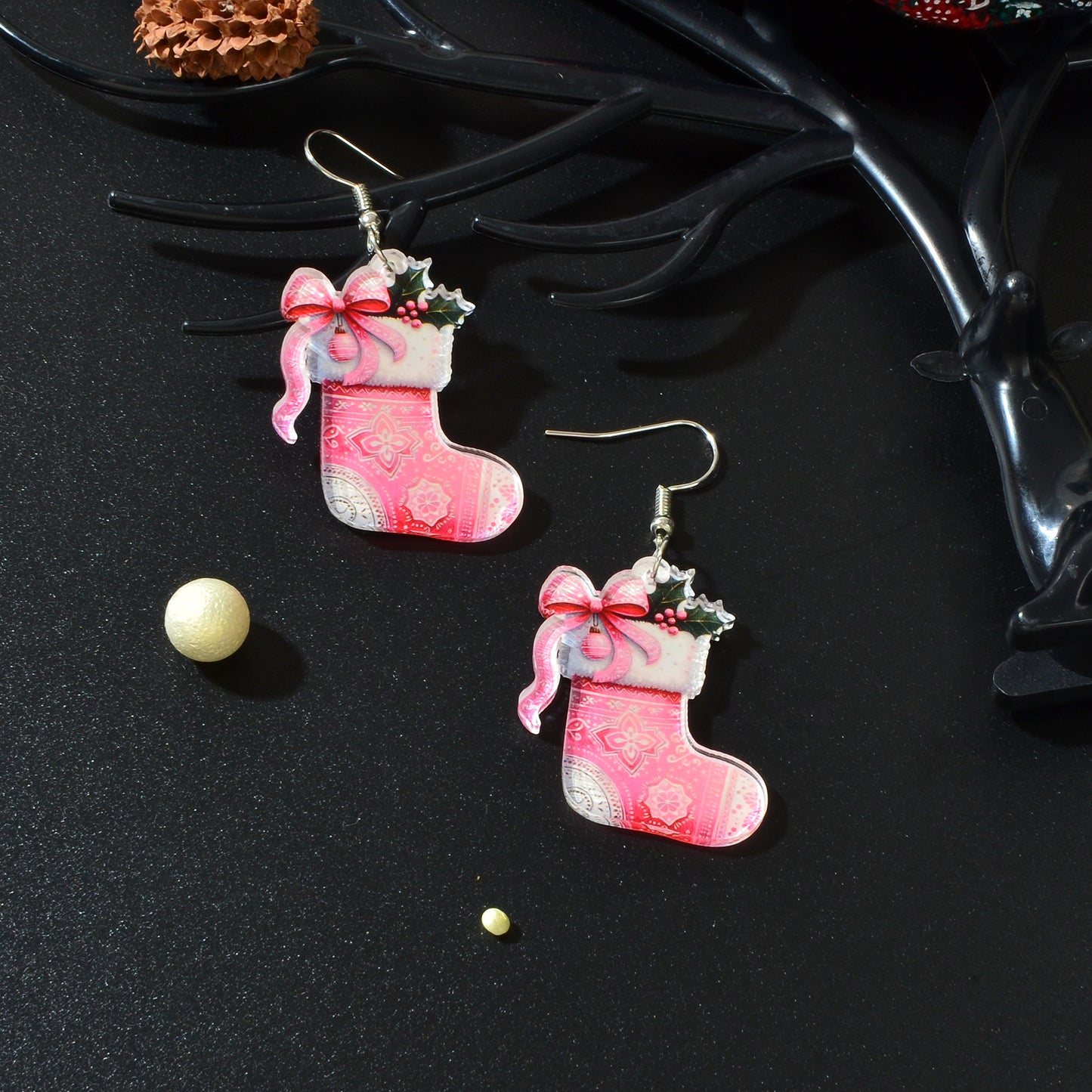 Christmas Pink Bow Socks Acrylic Drop Earrings New Year Party Festival Gift Jewelry Accessories