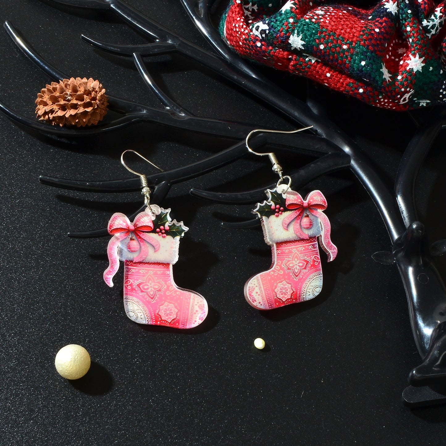 Christmas Pink Bow Socks Acrylic Drop Earrings New Year Party Festival Gift Jewelry Accessories