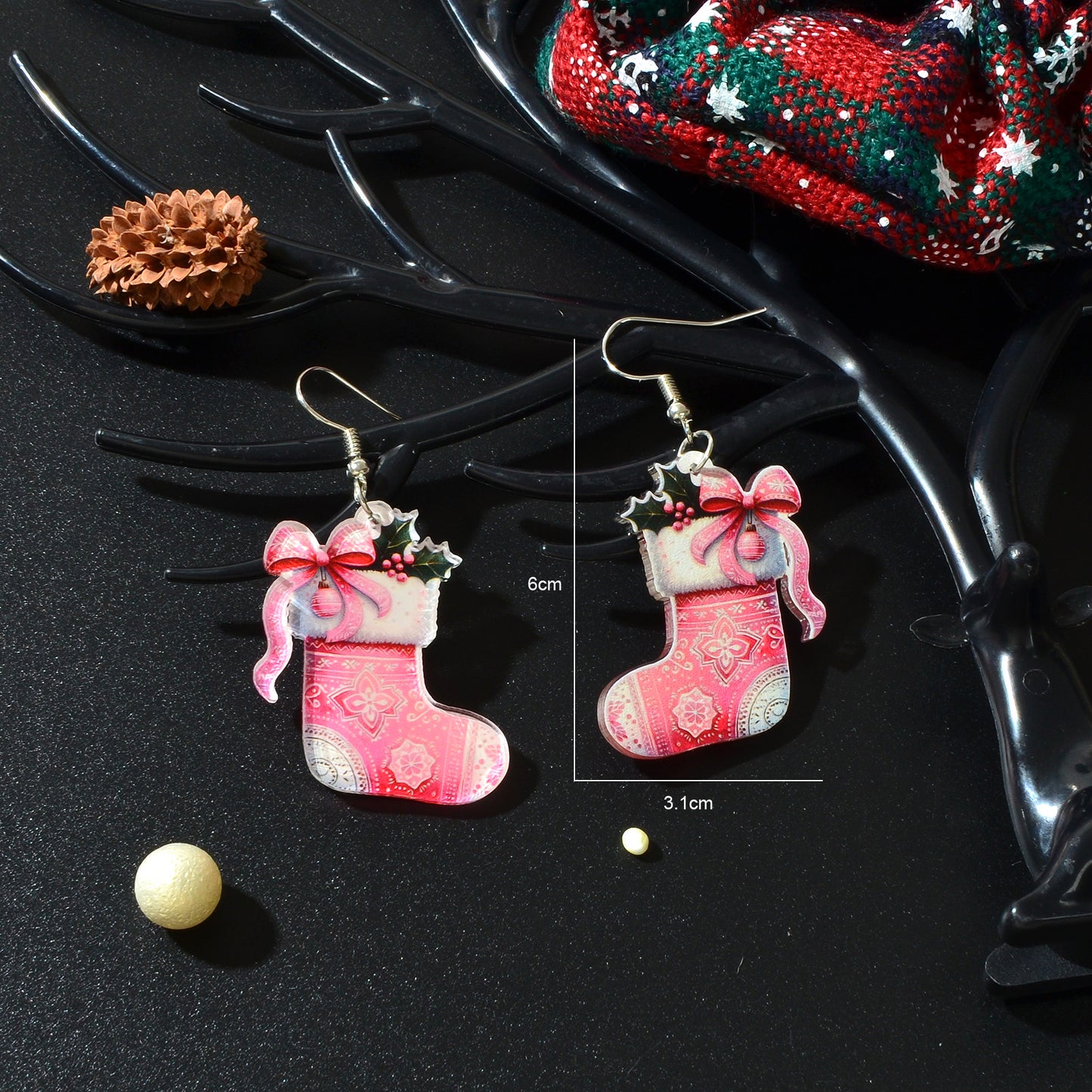 Christmas Pink Bow Socks Acrylic Drop Earrings New Year Party Festival Gift Jewelry Accessories