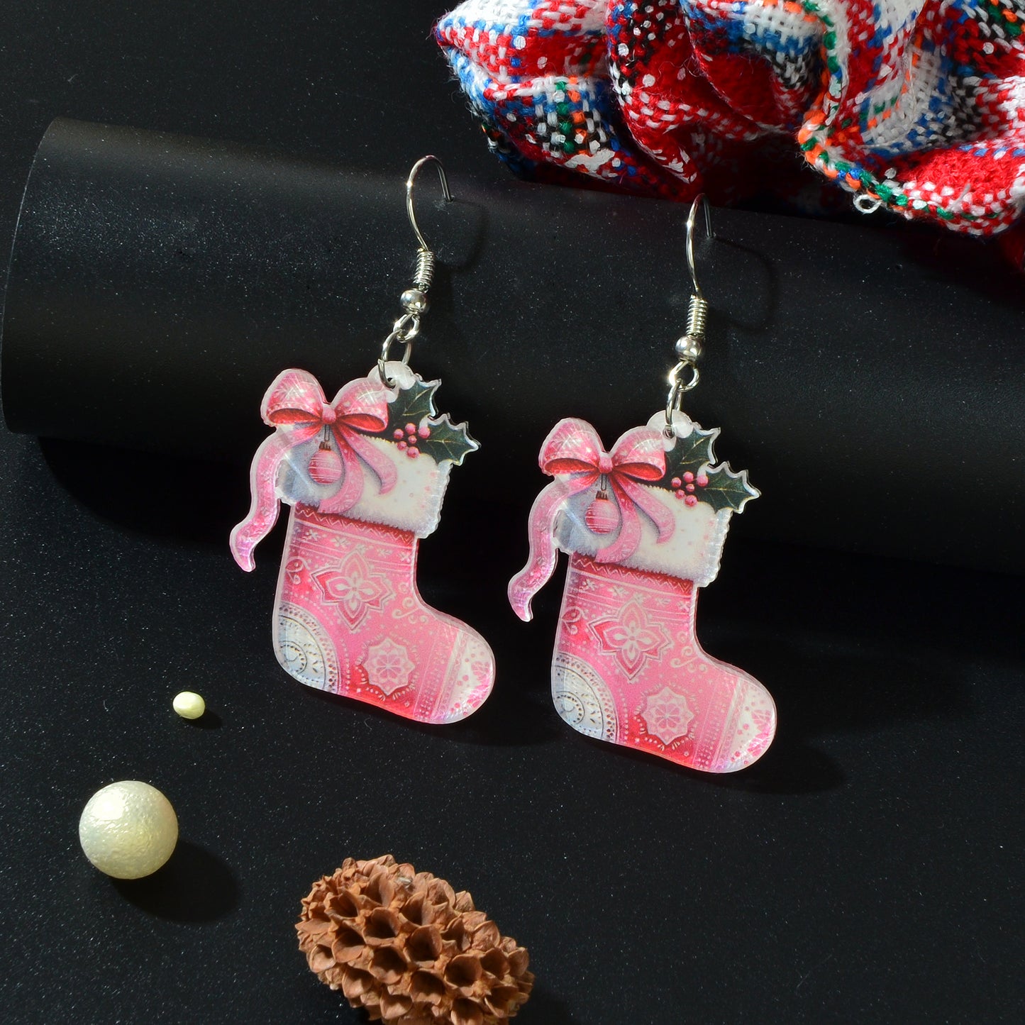 Christmas Pink Bow Socks Acrylic Drop Earrings New Year Party Festival Gift Jewelry Accessories