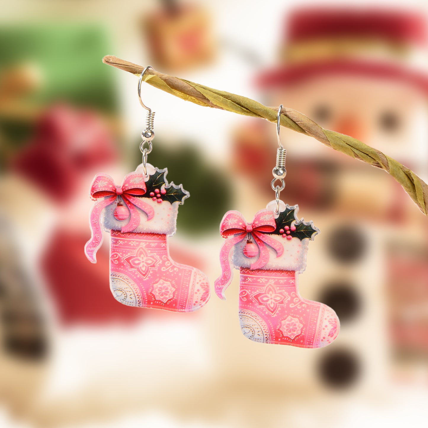 Christmas Pink Bow Socks Acrylic Drop Earrings New Year Party Festival Gift Jewelry Accessories