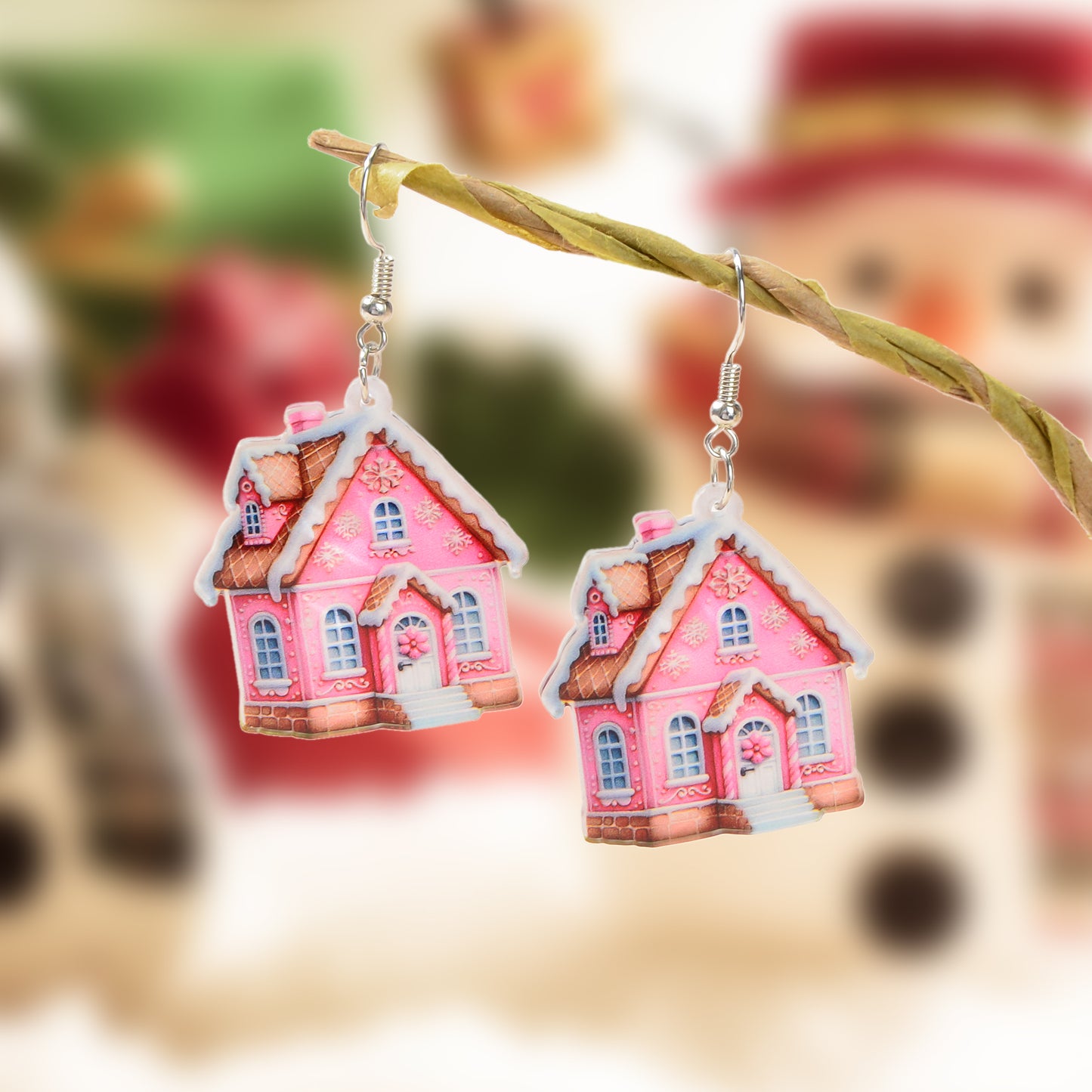 New Arrival Christmas Sweet Acrylic Pink House Dangle Earrings New Year Party Festival Gift Jewelry