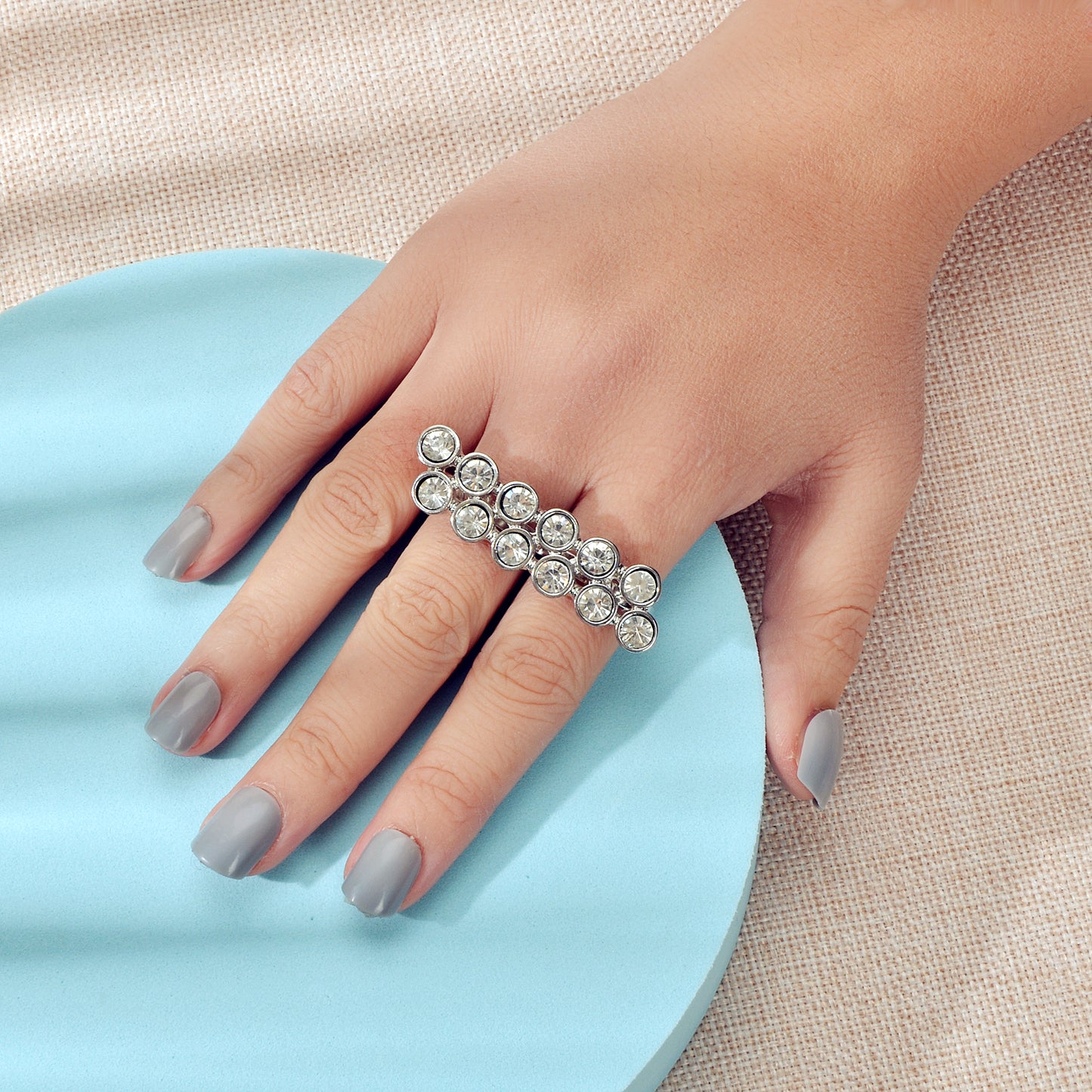 Luxurious Full Rhinestone Shining Double Finger Wedding Ring Gift Band for Women