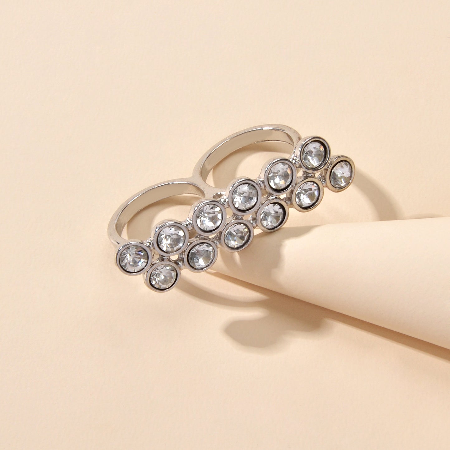 Luxurious Full Rhinestone Shining Double Finger Wedding Ring Gift Band for Women