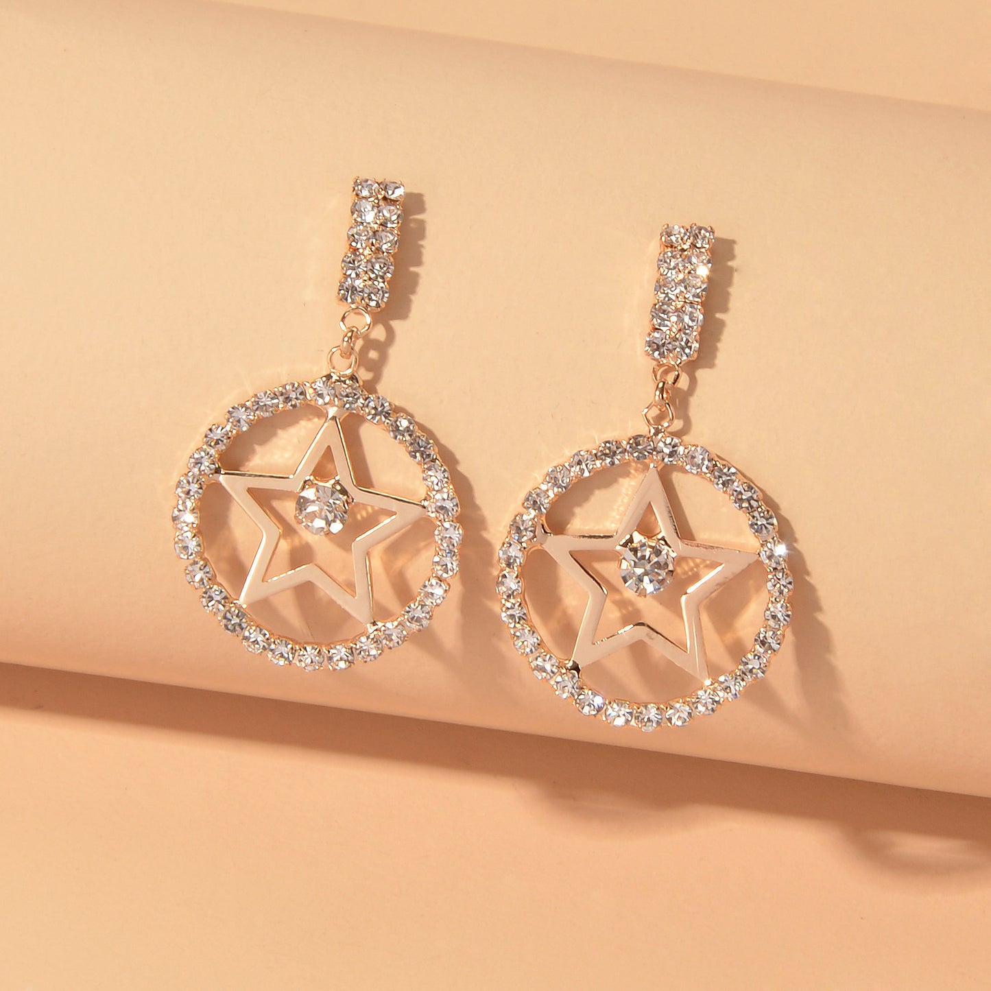 Luxurious Full Rhinestone Star Circle Dangle Hypoallergenic Pierced Earrings