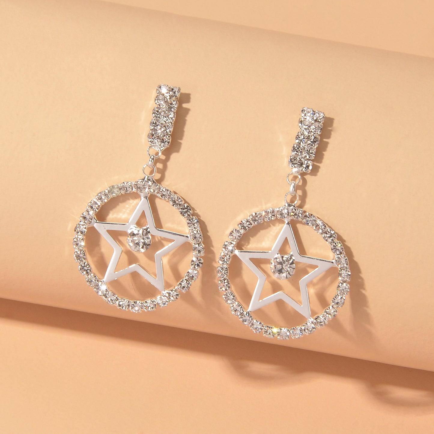 Luxurious Full Rhinestone Star Circle Dangle Hypoallergenic Pierced Earrings
