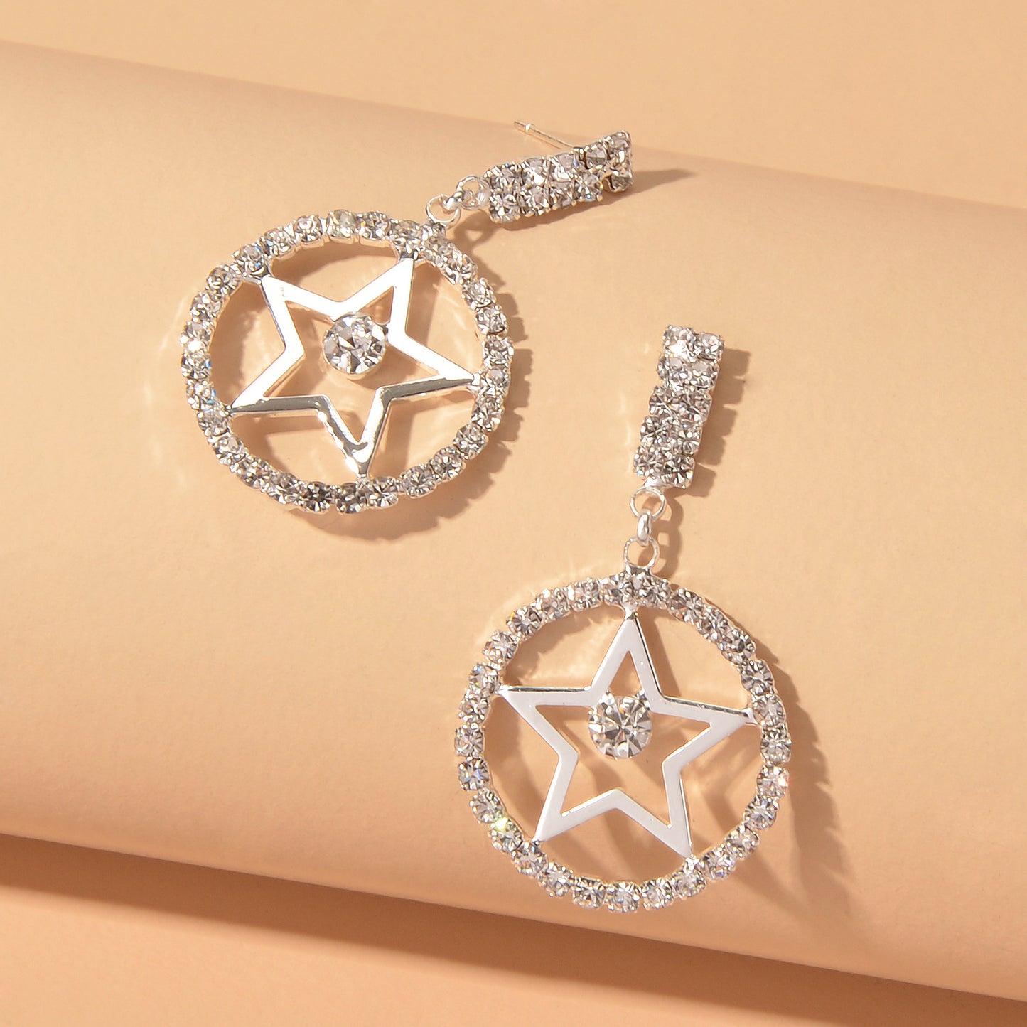 Luxurious Full Rhinestone Star Circle Dangle Hypoallergenic Pierced Earrings